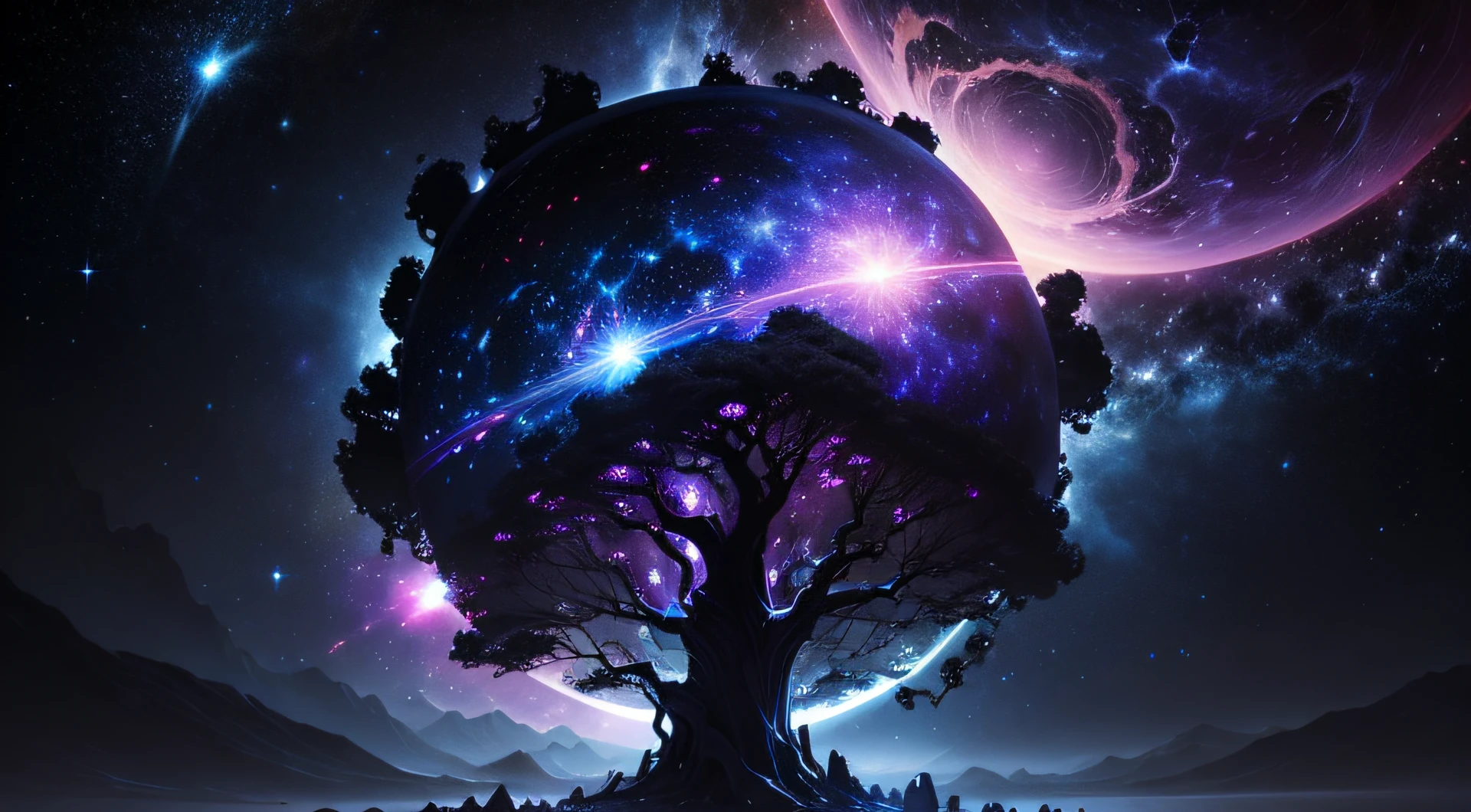 World Tree,Star ring,the boundless universe,Endless galaxies,Dangerous black holes,Exploding supernova,Floating stellar nebula,Negative dark mode --auto