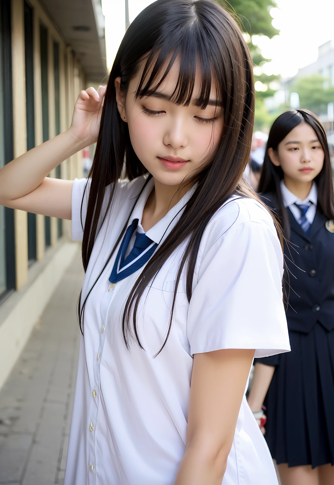 1 girl in、​masterpiece、((top-quality))、realisitic、(Detailed light)、(((Close your right eye and give a signal、Left eye opens)))、short shoulder-length hair、15yo student、japanese hight school uniform、shortsleeves、夏天、nogizaka、(a closeup)、walking down the street、ighly detailed