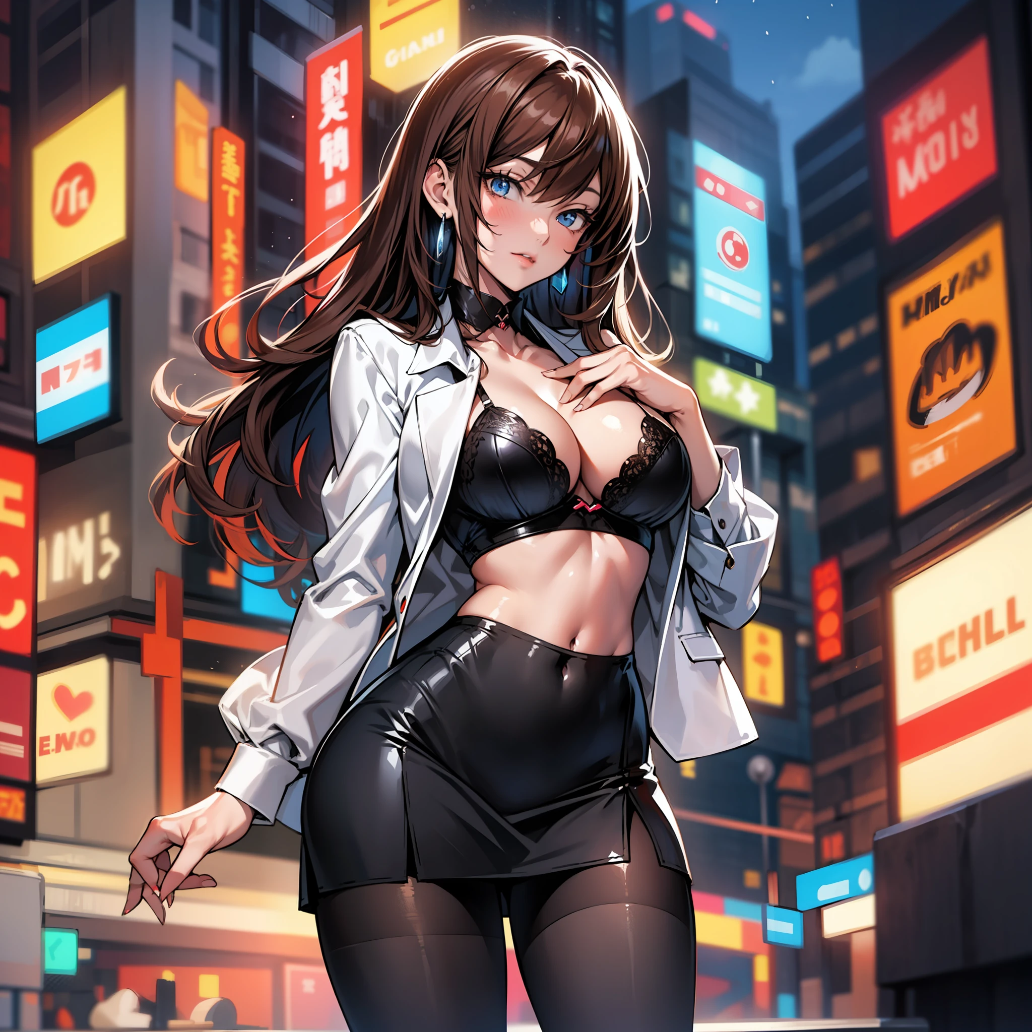 Bewitching busty woman in blue suit and tight skirt、Black tights,Inviting look、Show off your chest、A slightly visible bra with a shirt and brown hair,Ecchi anime style,Kamimei,Red Light District at Night,neons、Bokeh in the background