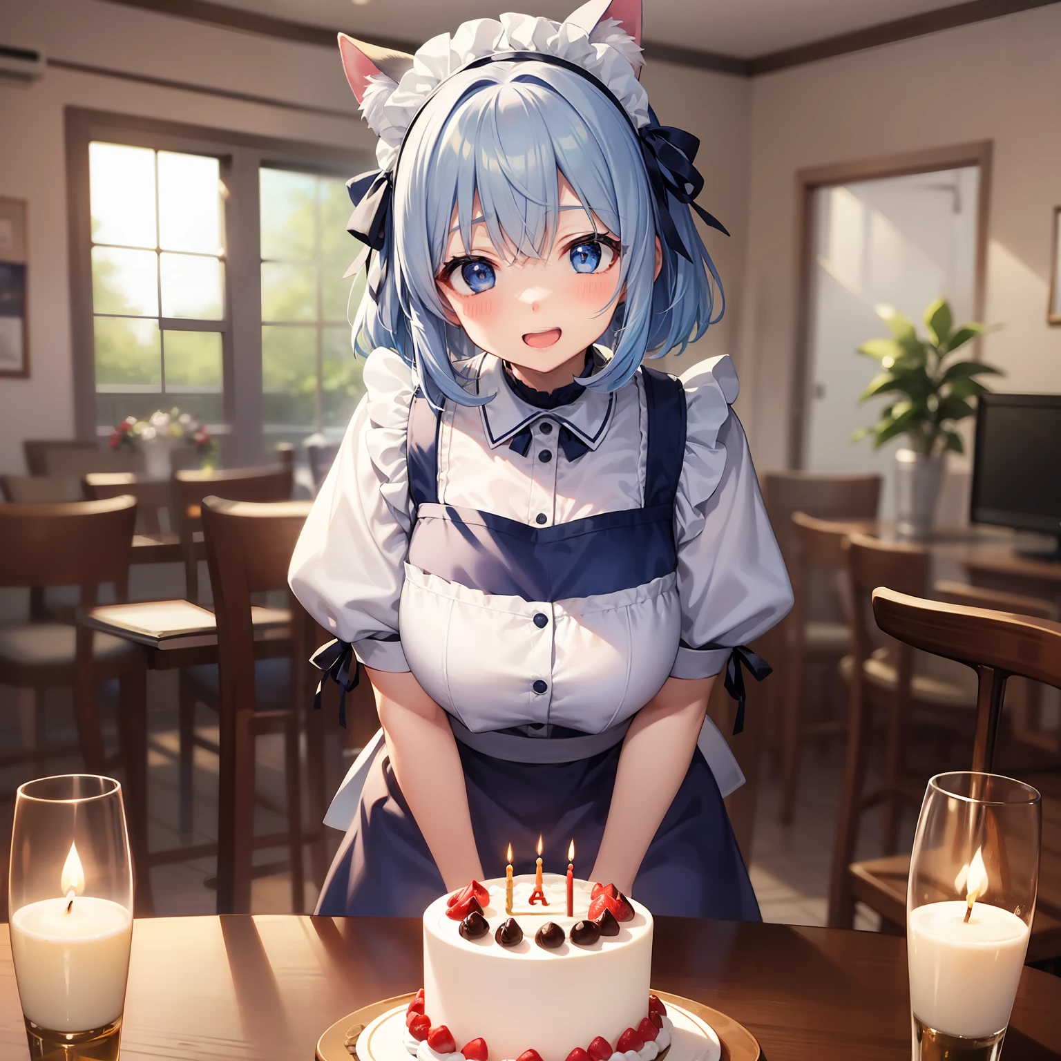 Aoi_Fukayuki、1 girl in、anime styled、full body Esbian、(blue hairs)、(shorth hair)、Shy laughter、red tide、blue eyess、maid clothes、(Black stockings)、Absolute area、White Cat Ear Band、hightquality、best qualtiy、emphasizing thighs、to stand、Have a birthday cake、chandelle、ignite、inside in room、Birthday Celebration