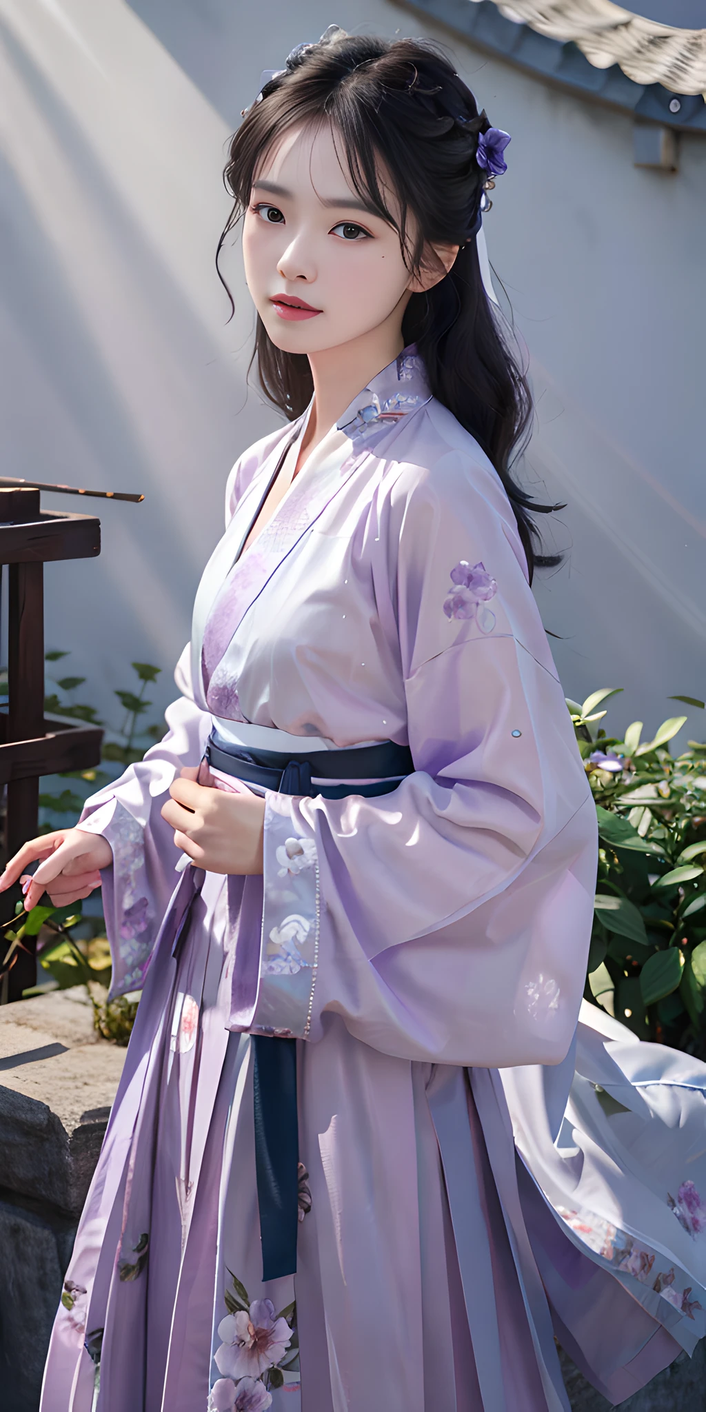 masterpiece, black_hair, 1 girl, looking at the audience, long_hair, nail_polish, solo, ancient art, Chinese,(8k, best quality, masterpiece:1.2), (realistic, realistic:1.2), (background sky: 1.2), (face close-up: 1.7), looking at the audience, hanfu, 1girl, (purple flower pine ink: 1.1), face close-up, detailed face, hanfu, song, long shan, pleated skirt,cinematic lighting, motion blur, ray tracing, god rays, bloom, drop shadow, close-up, lens flare, UHD, masterpiece, ccurate, anatomically correct, textured skin, super detail, high details, high quality, award winning, best quality, highres, 16k, HD, face close-up, close-up, close-up, accurate, correct hand, (anatomically correct: 1.5),