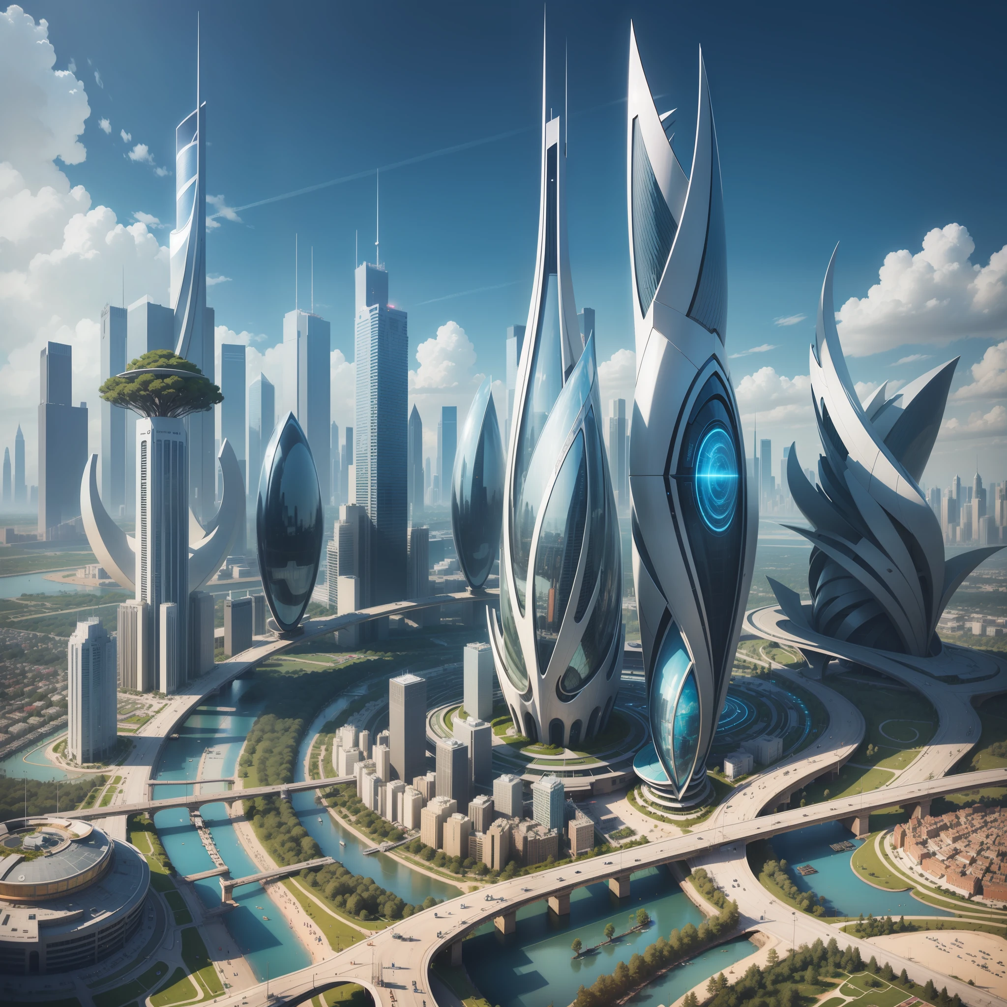 Skyscrapers seen from the ground cyberpunked epcot SF futuristic cities top-quality masterpiece 超A high resolution dream Megacities Beautiful Buildings