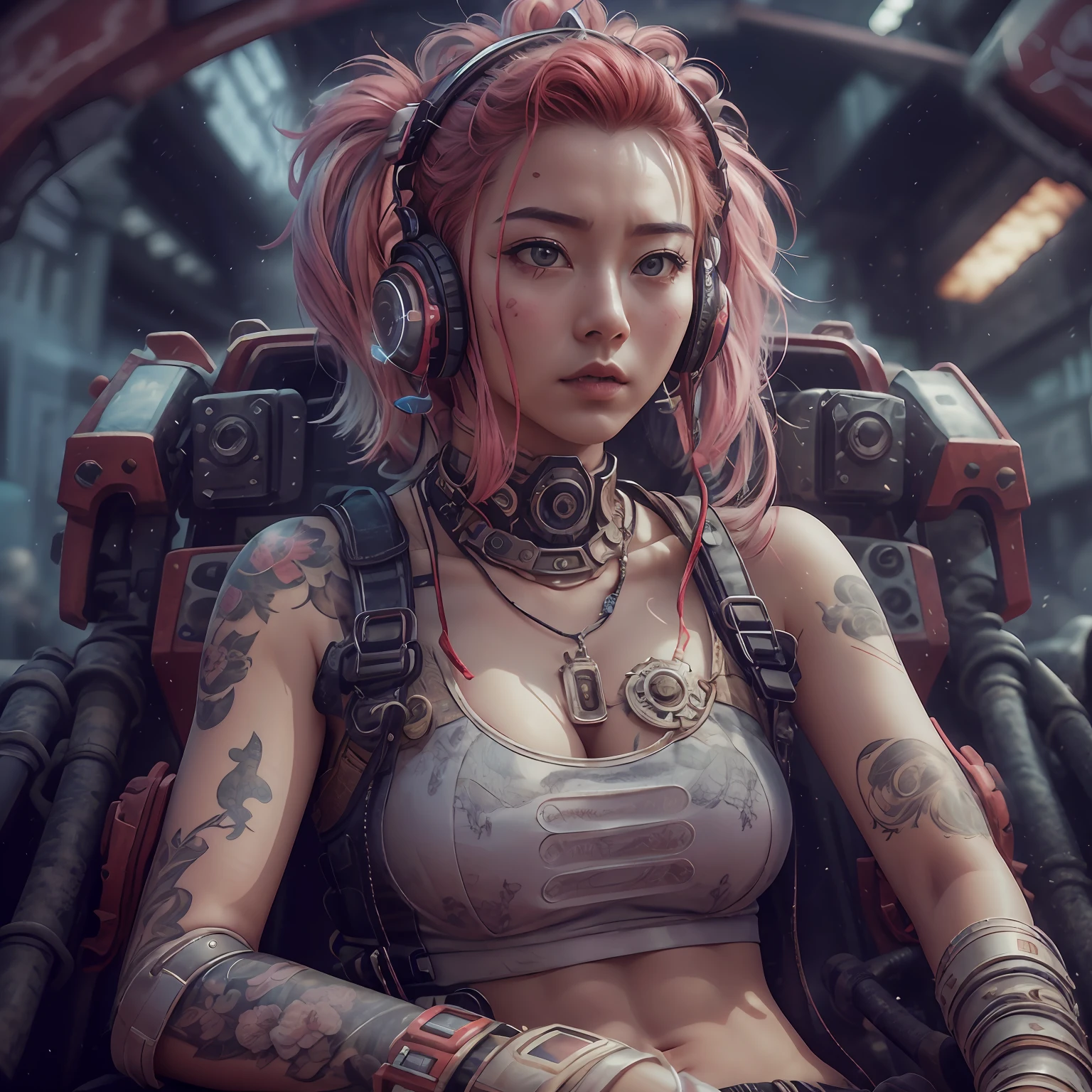 A masterpiece of ultra-refined quality，Hyper-realistic，CG 、 8K），（cyber punk style：1.3，Wasteland:1.1），（cinematic lighitnglamplight，Best quality backlight），（Clear lines and focus，depth of fields）（Positive audience，Nature wavy updo playful girl sitting in wasteland jeep、eBlue eyes、Pink hair [1.1]and headphones ，with a round face、natural saggy breasts、Full cleavage，Right-handed robotic arm，arm tattoos，美丽细致的眼睛，Clothing that exposes，HDR（HighDynamicRange）），C4D，dribbble、behans,Network 2077 --auto