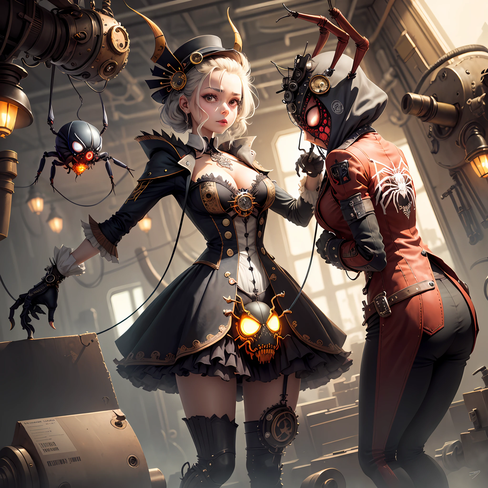 Imagine a steampunk spider like a factory producing small spiders