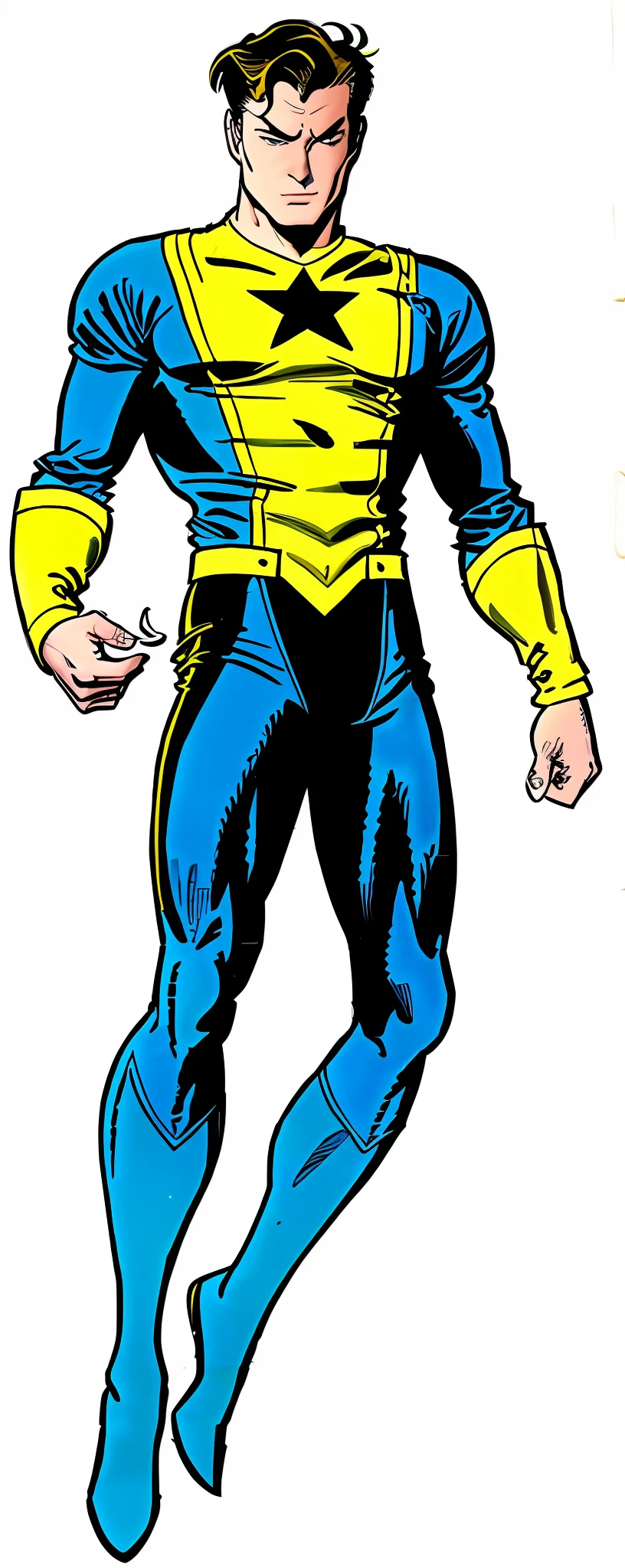 Man in costume with star on chest, blue costume, logo on chest (star, black color), white skinned male, 60's comics, old comics, peter parker, brown hair, 50's comic book character, angry white eyes, vintage comic character, open eyes, athletic, open white eyes, by stan lee, brunette, dark hair, flowing hair, brown hairstyle, peter parker