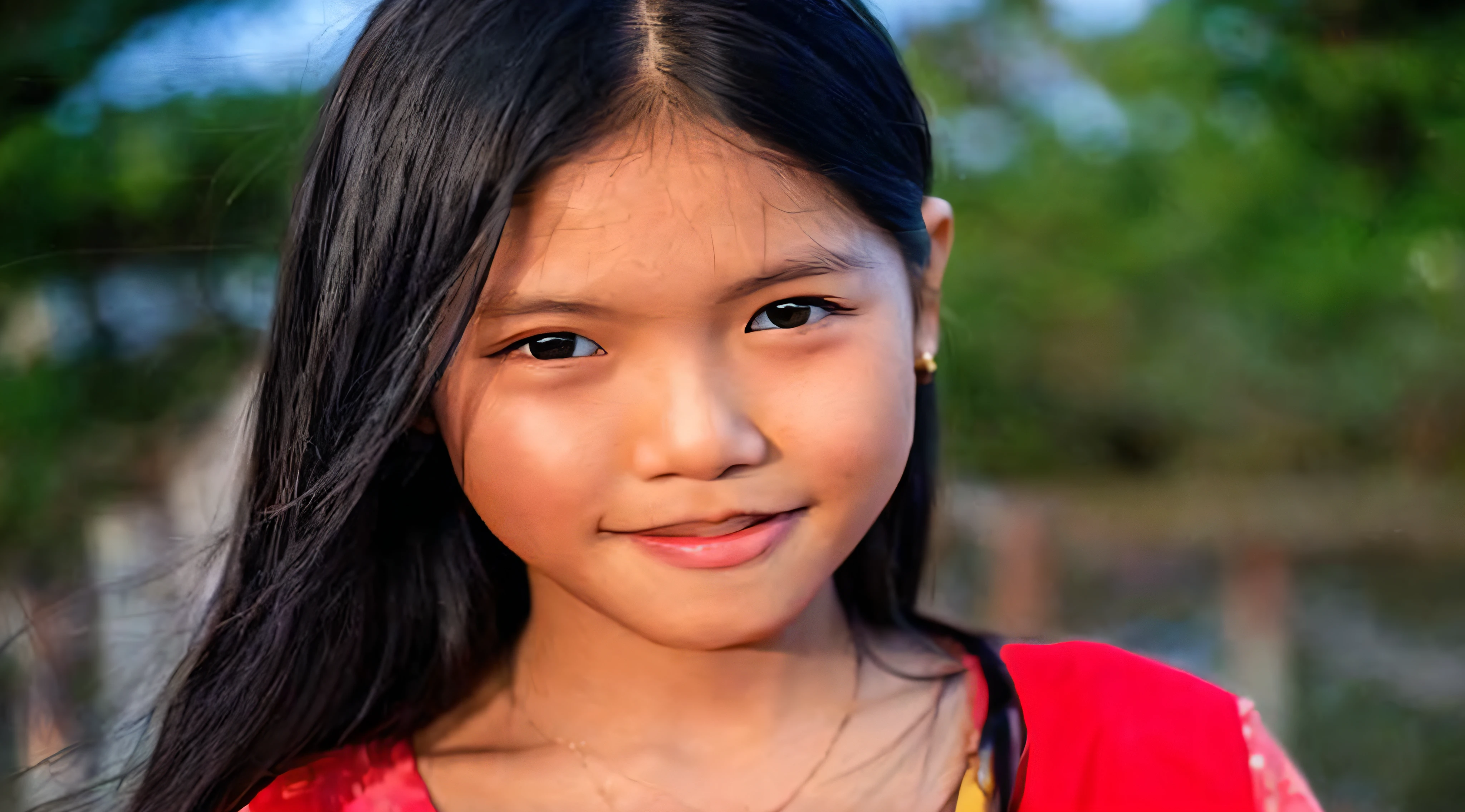 there is a young girl with long hair and a red shirt, south east asian with round face, young asian girl, young girl, young cute wan asian face, portrait of a cute girl, cute young girl, beautiful young girl, front portrait of a girl, portrait young girl, portrait of cute girl, innocent look. rich vivid colors