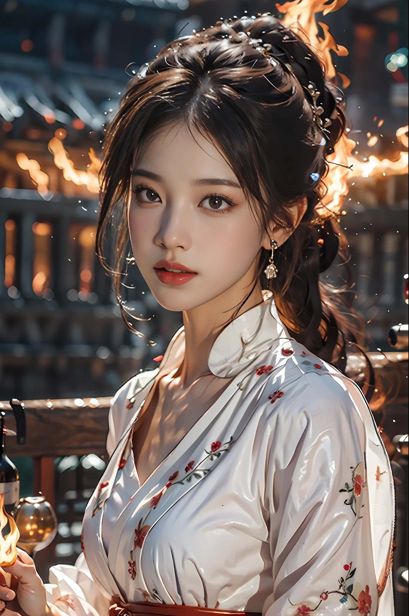 Best quality,masterpiece,ultra high res,(photorealistic:1.4)1girl,beautiful_face,detailed skin,full body,yuhuoshu,jewelry,solo,earrings,(fire:1.3),blurry,realistic,lips,