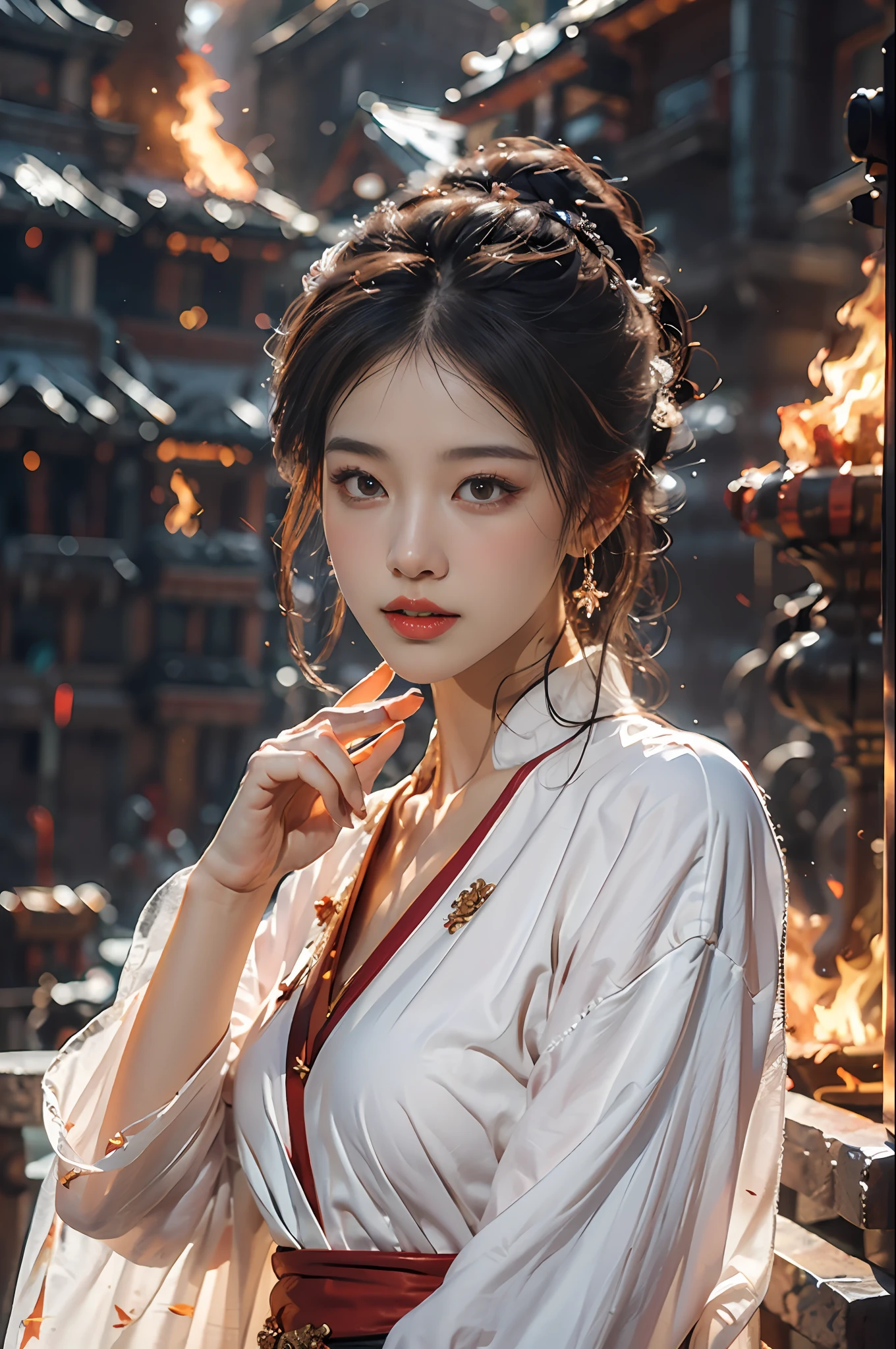 Best quality,masterpiece,ultra high res,(photorealistic:1.4)1girl,beautiful_face,detailed skin,full body,yuhuoshu,jewelry,solo,earrings,(fire:1.3),blurry,realistic,lips,