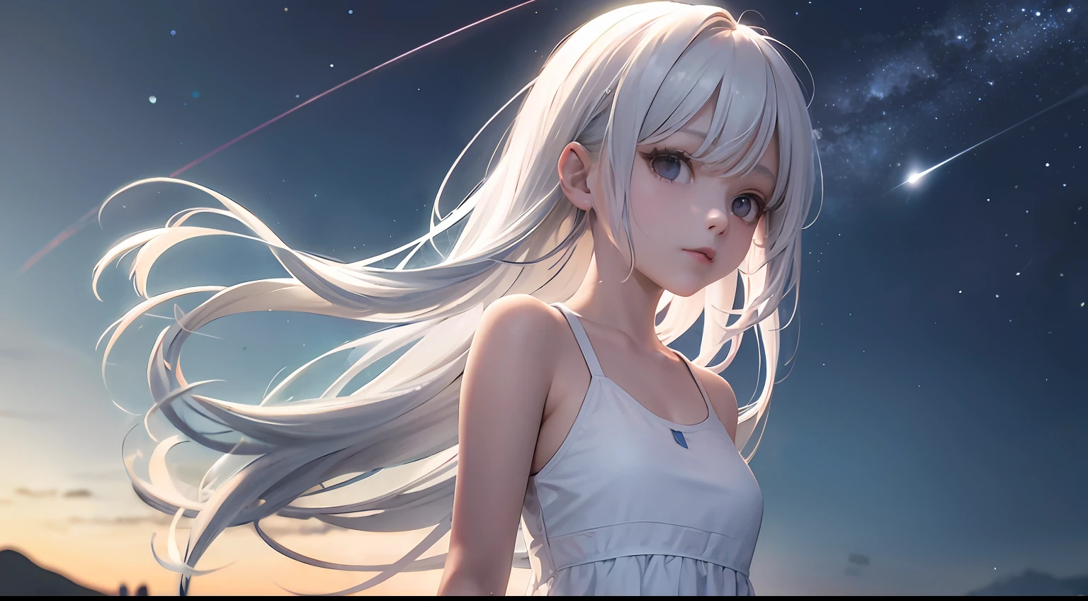 masterpiece、best、1girl in、white hair、Crisp eyes、swim wears、((((natta)、starrysky)))、a park、