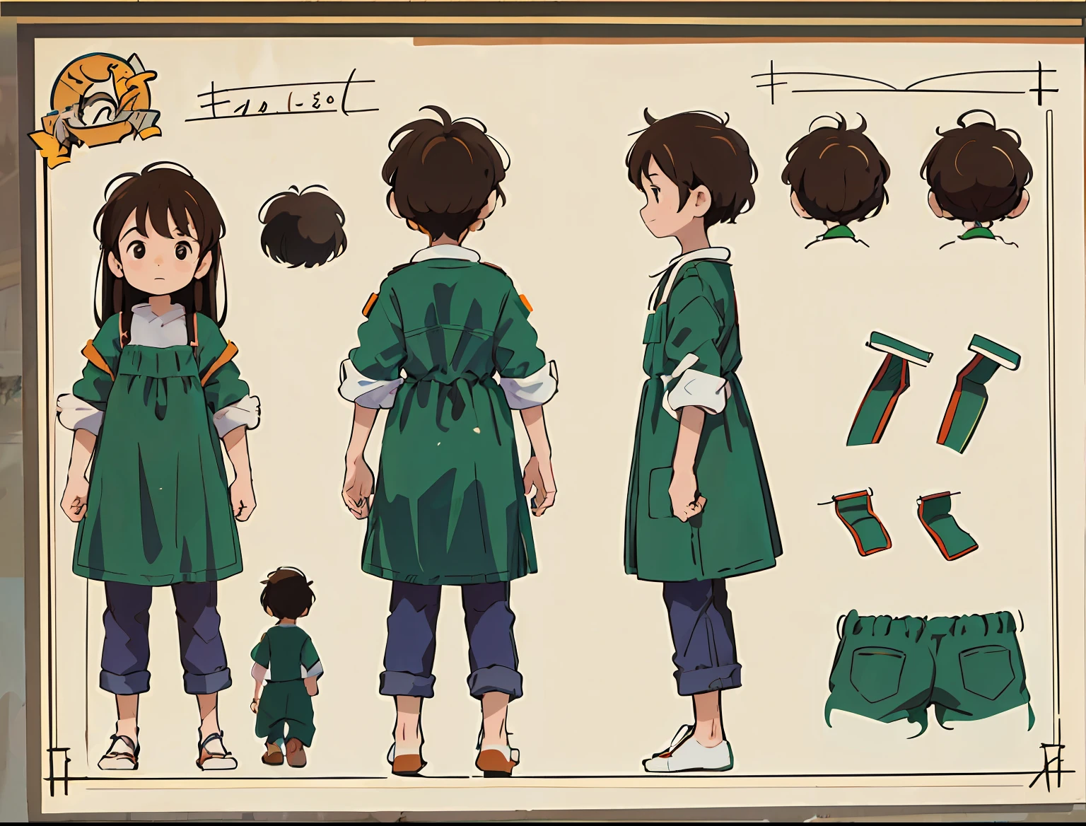 (full body) (same character front, back, side view) (model sheet) (multiple views of the same character) young boy with very long brown hair, tribal clothing, no shoes. Same character front, side, back view