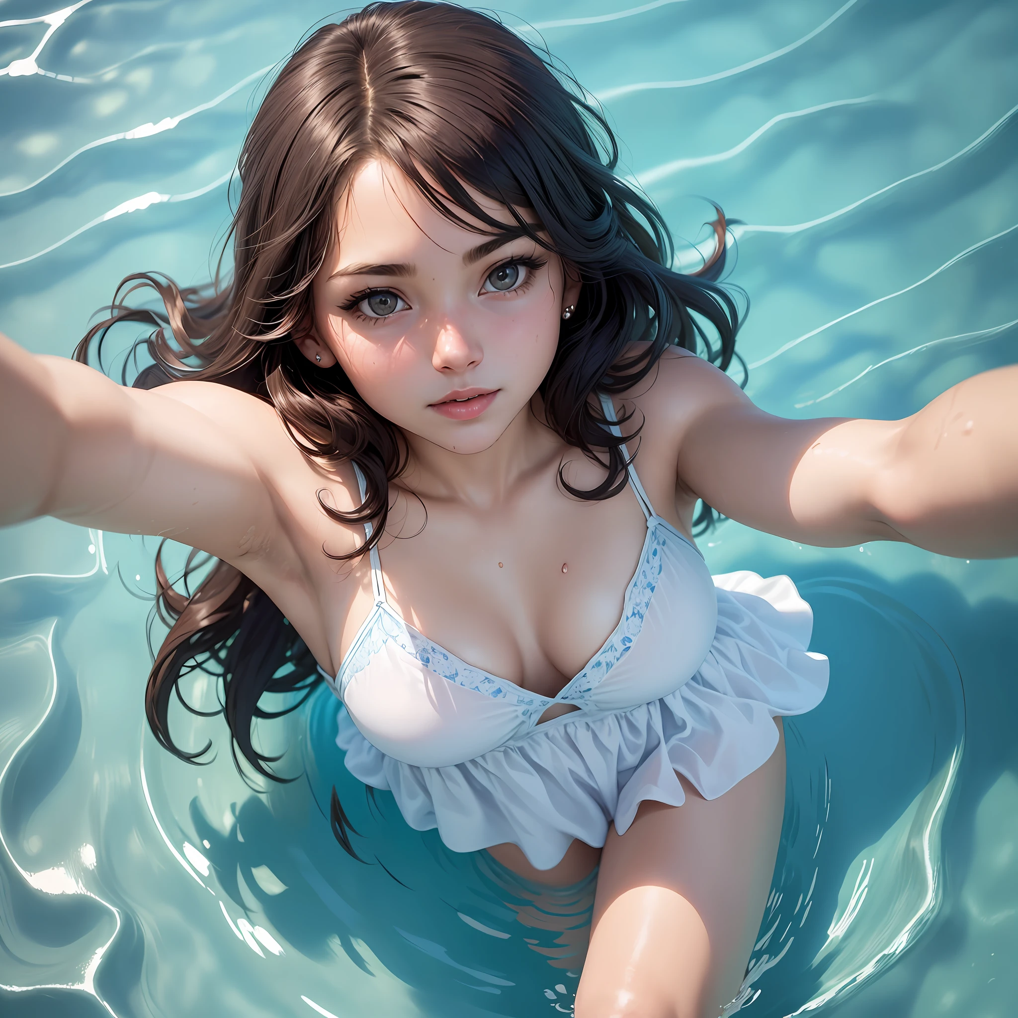 1girl, beautiful, solo, (from above:1.5), (selfie:1.5), (close-up:1.5), in swimming pool --auto