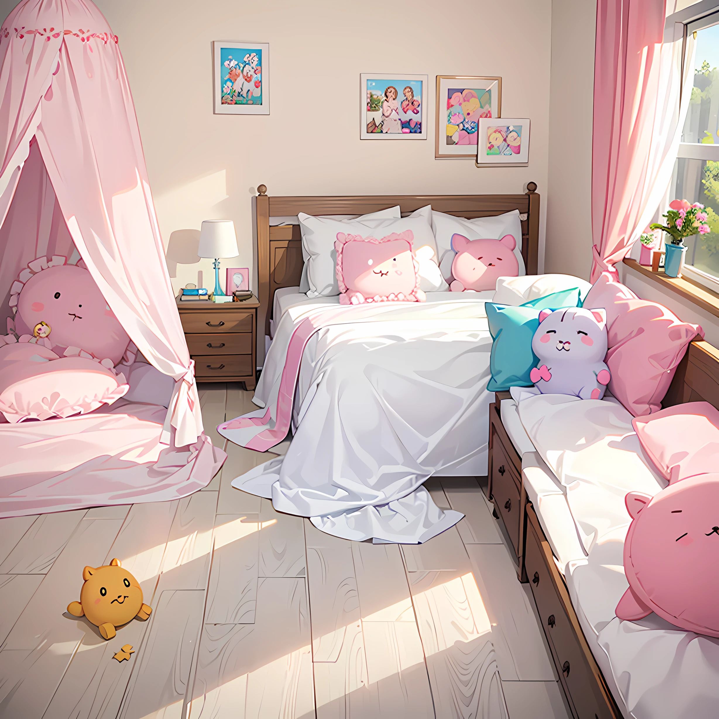 Lovely kids bedroom,Homely atmosphere,cozy environment,a joyful atmosphere,Bright colors,Cute wallpapers,Cute stuffed animals,Realiy,9: --auto