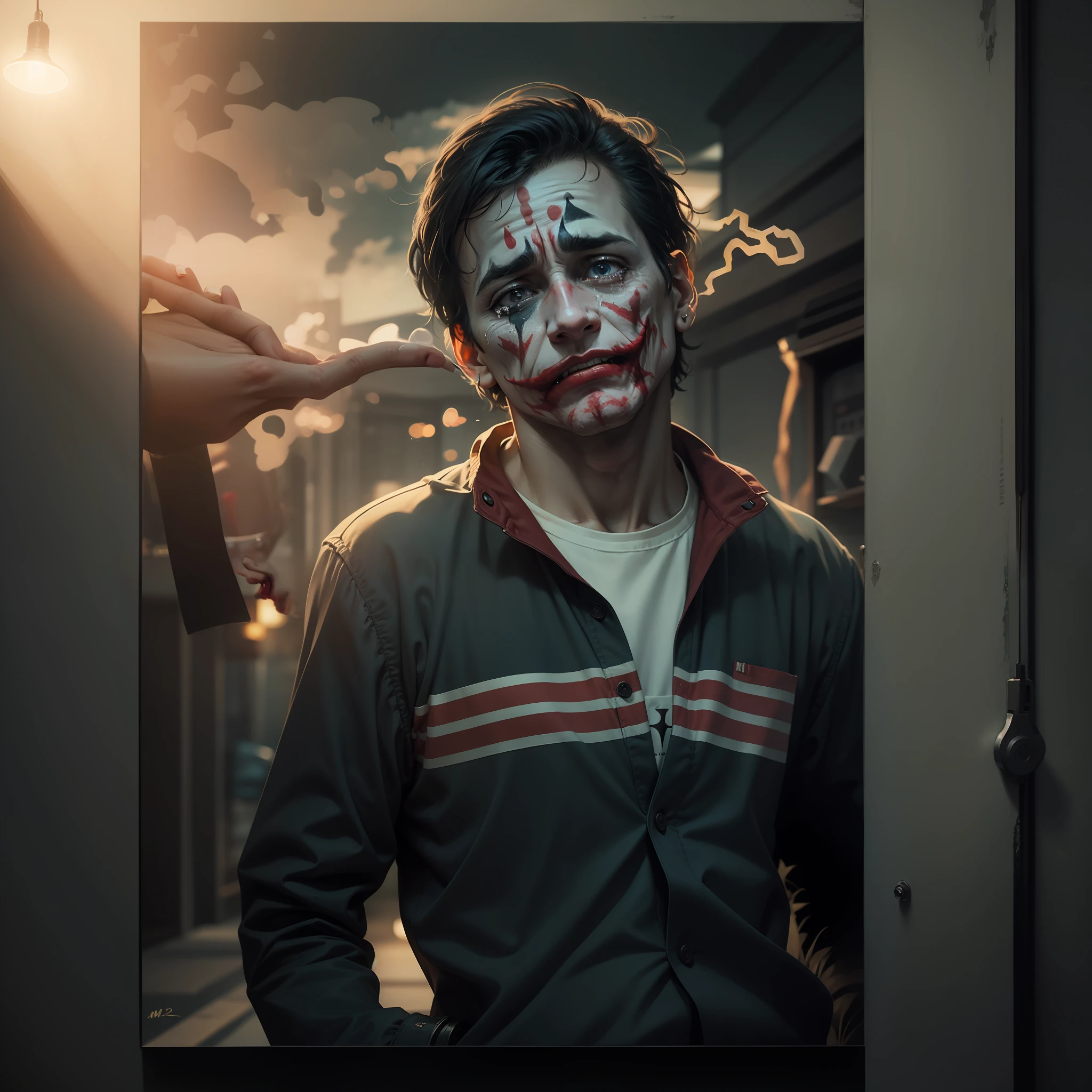 joker crying ,blur Nikon camera image, masterpiece, realistic,top quality