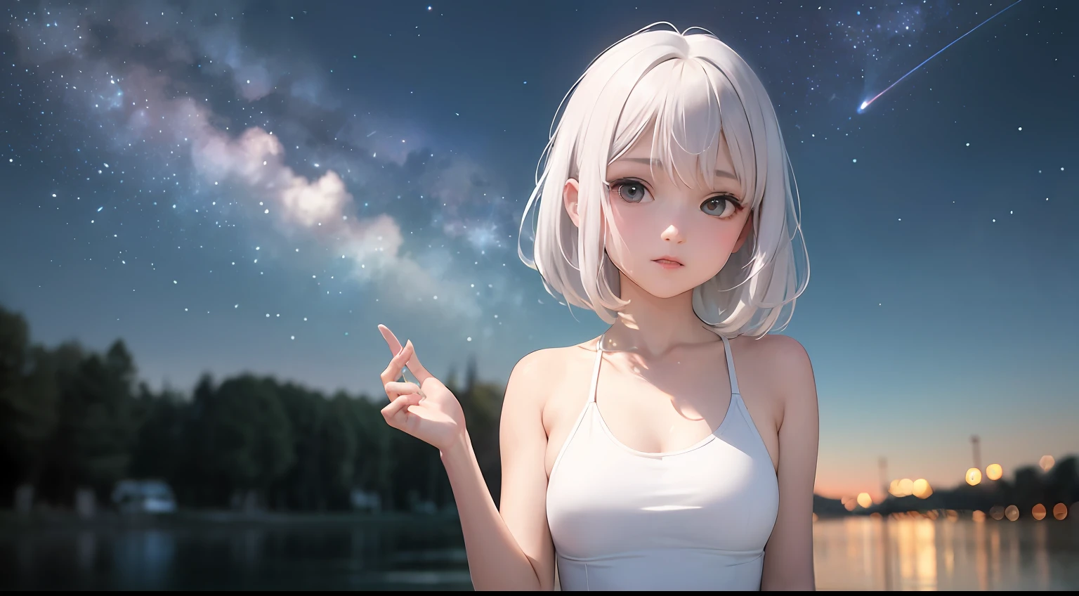 masterpiece、best、1girl in、white hair、Crisp eyes、swim wears、((((natta)、starrysky)))、a park、