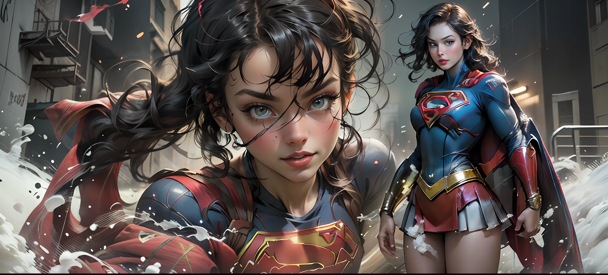 (extremely detailed CG unity 8k wallpaper, masterpiece, best quality, ultra-detailed), (((wearing Supergirl cosplay))), Beautiful woman short black hair defined body medium breasts, dynamic pose, close-up shot, gorgeous makeup, charming smile, city skyline background, confident and stylish woman, beautiful eyes, detailed pupils, detailed eyes, clear eyes