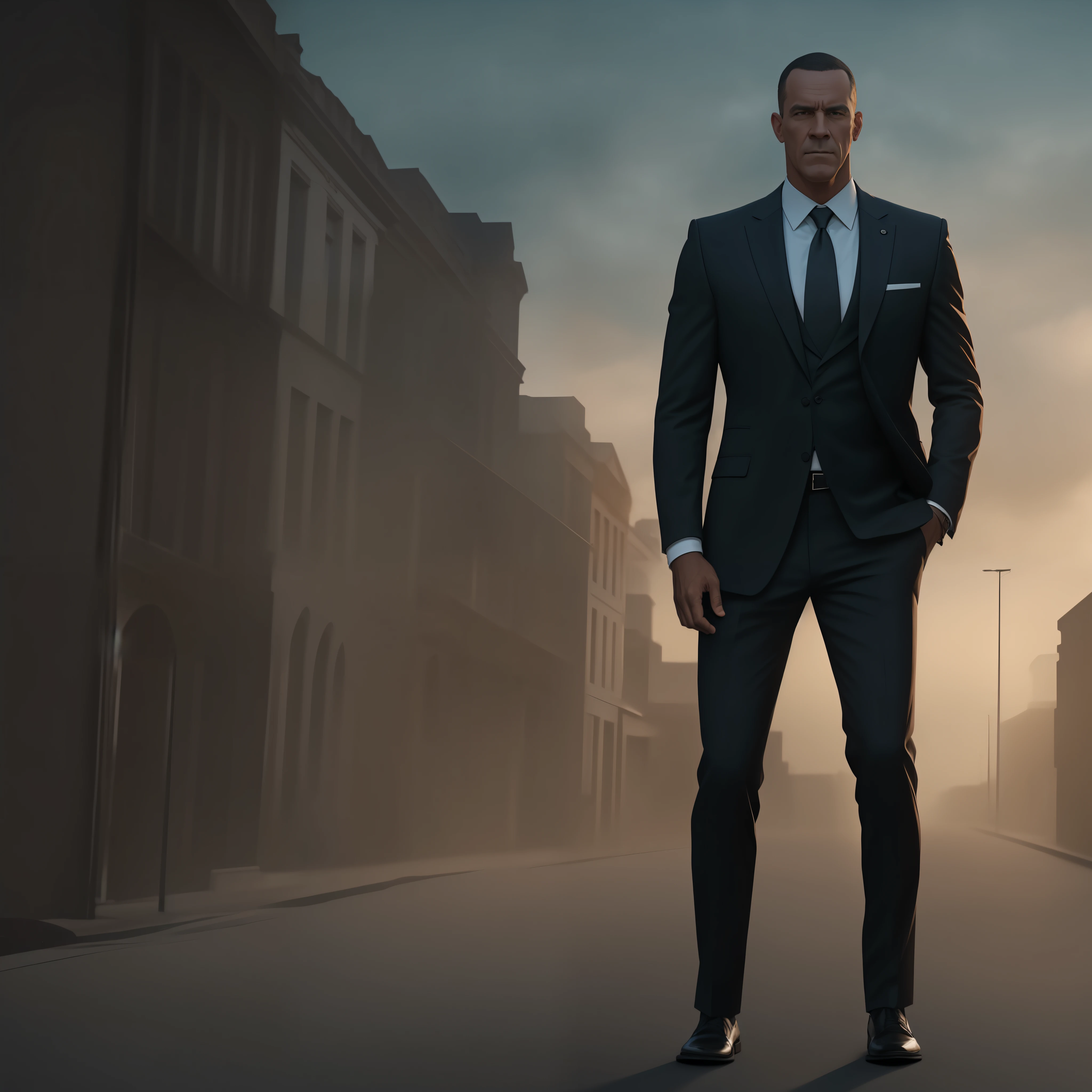 A man standing in a black suit, ele esta olhando para camera, cena de filme, UHD, Realistic, 8k