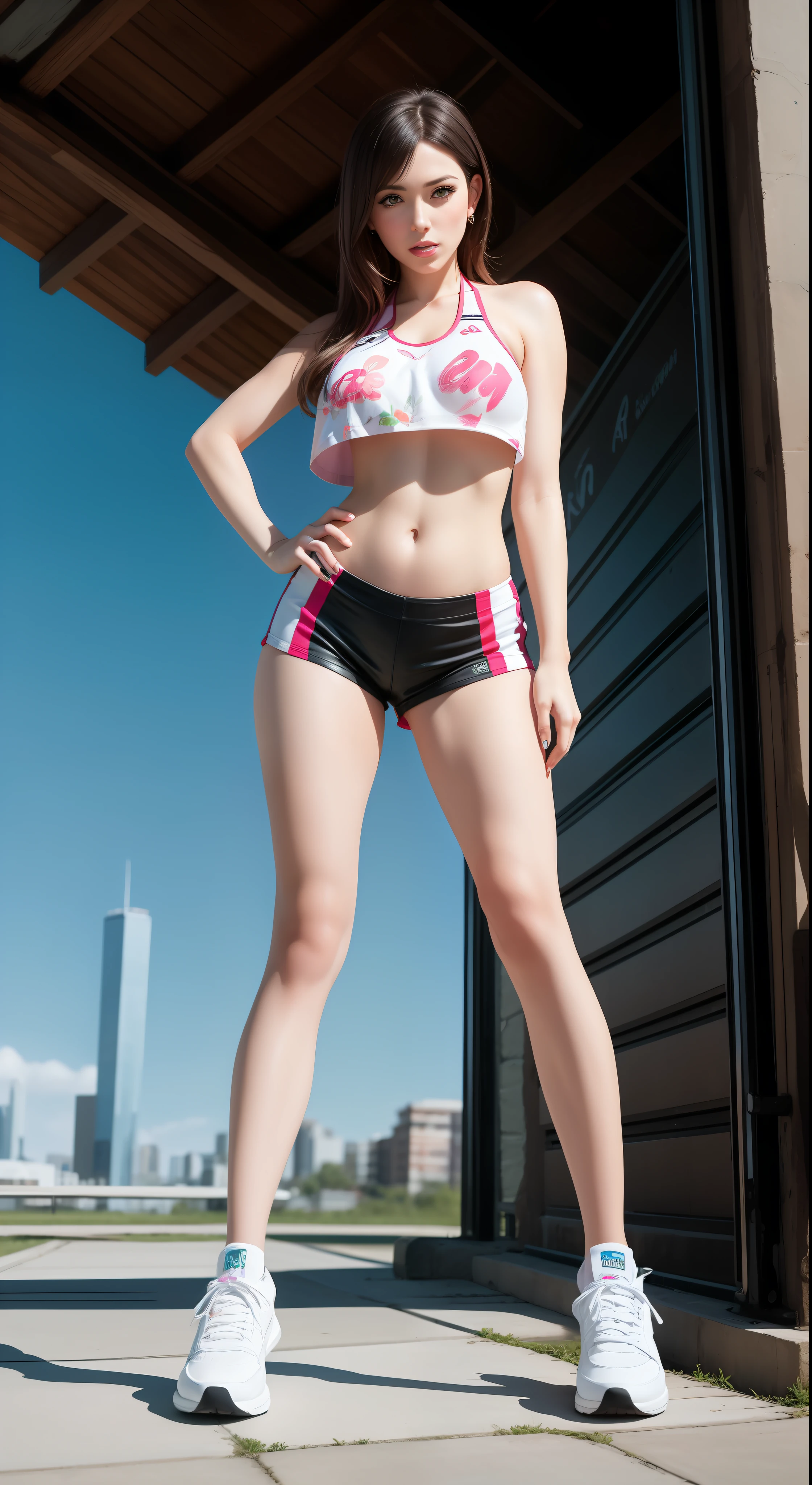 there is a woman in a bikini posing for a picture, highly detailed giantess shot,White bra and pink and white shorts streetwear, extremely detailed giantess shot, giantess shot, amouranth, White sports bra and pink and white shorts, photorealistic perfect body, athletic fashion photography, Biomechanical OPPAI, mais conhecido como Amouranth, Tifa Lockhart, pinup body, hyperrealistic full figure，Realistic and delicate hand painting