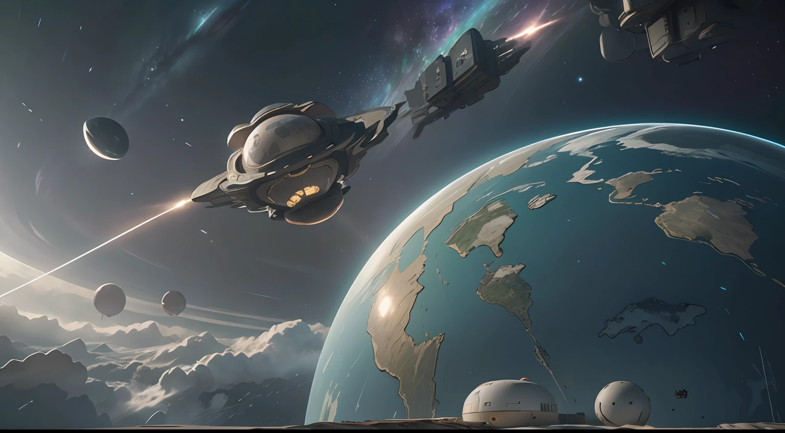 Unreal Engine rendering, Hyper Real, realisitic, In the dark space, empty, Little Starlight, A strange planet in the distance, A ring-shaped spaceship flying towards the planet, Huge spacecraft, Complete facilities, Floating small space garbage, It's more like a spaceship's perspective