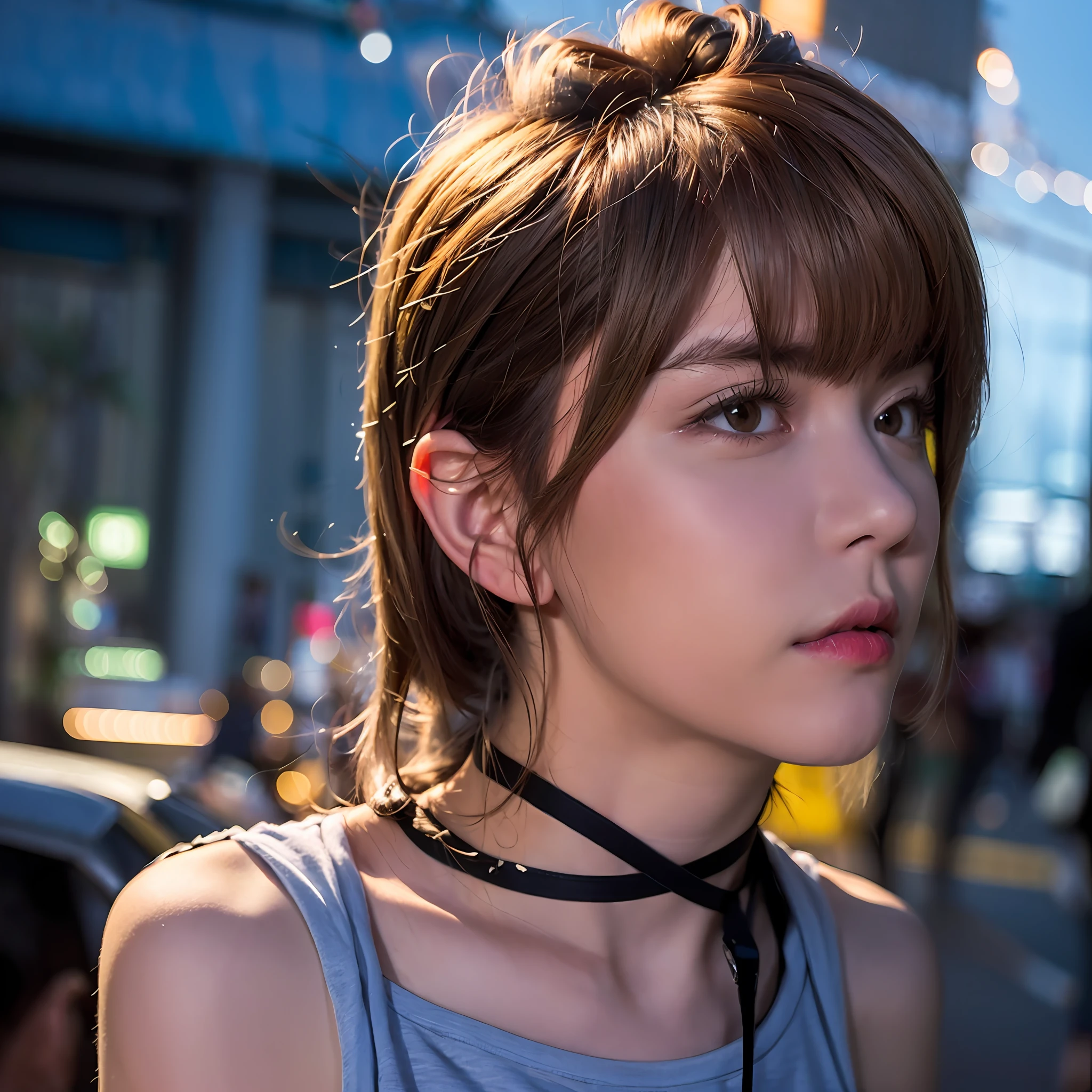 ((medium breast, tomboy girl,)),  (chiseled abs : 1.1), (perfect body : 1.1), (short wavy hair : 1.2) , auburn hair, collar, chain, full body shot, crowded street, wearing tanktop, jeans jacket, (torn clothes:1.3)((shorts)), (extremely detailed CG 8k wallpaper), (an extremely delicate and beautiful), (masterpiece), (best quality:1.0), (ultra highres:1.0),  beautiful lighting ,perfect lightning, realistic shadows, [highres], detailed skin, ultra-detailed (((colorful))),high realistic,
