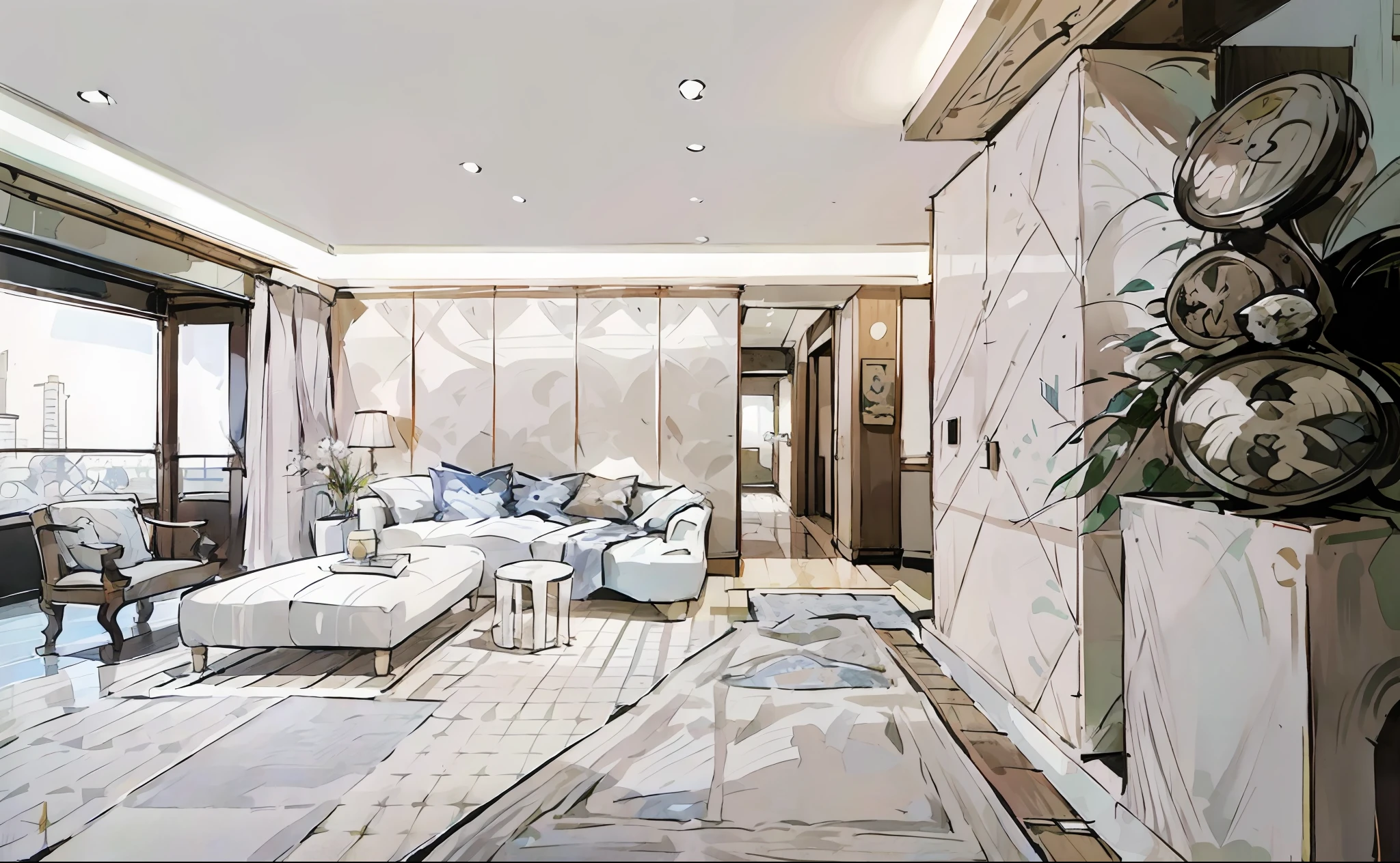 Beautiful sketch of modern Zhu，（（（foster and partners，artist impression，artistic impression，Hamish MacDonald，Carey Morris，David Brewster，Higher detail illustration，Helen Berman，illustratio，artist impression））），（（（White walls））），A cat sleeps in the middle of the sofa。