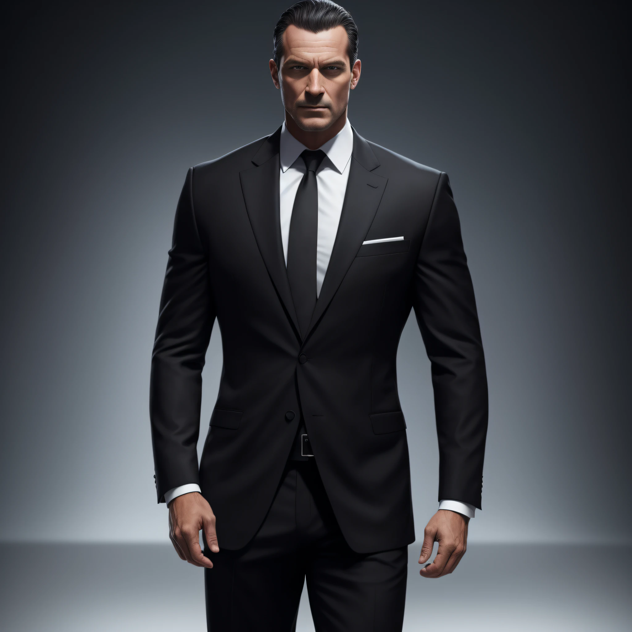 A man standing in a black suit, ele esta olhando para camera, cena de filme, UHD, Realistic, 8k