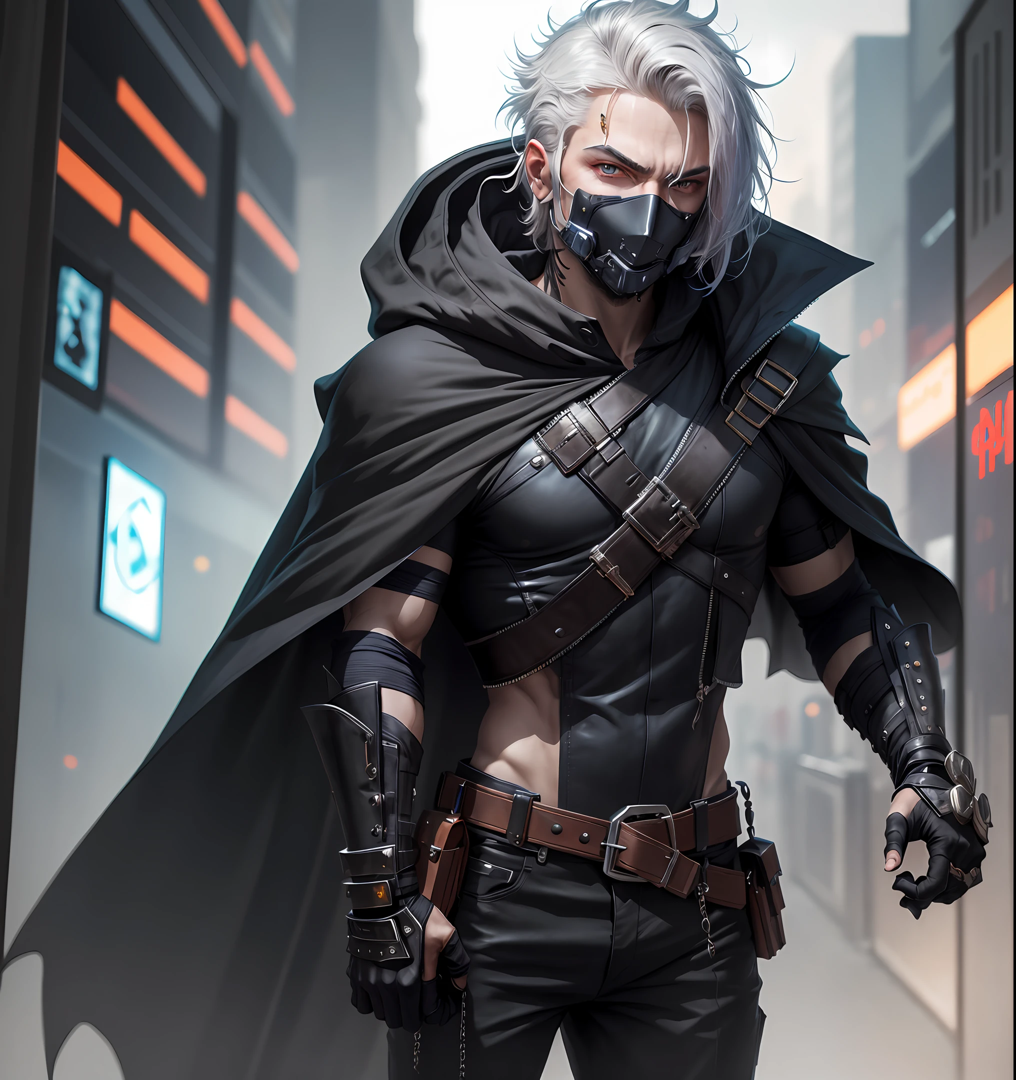 ,One hand with cool metal gauntlets and gloves,He wears a black cape,The face is covered with a metal mask, revealing only a pair of unruly eyes,The hair is also raised high to set up an exaggerated cool look,The whole person has a cyberpunk feeling。
