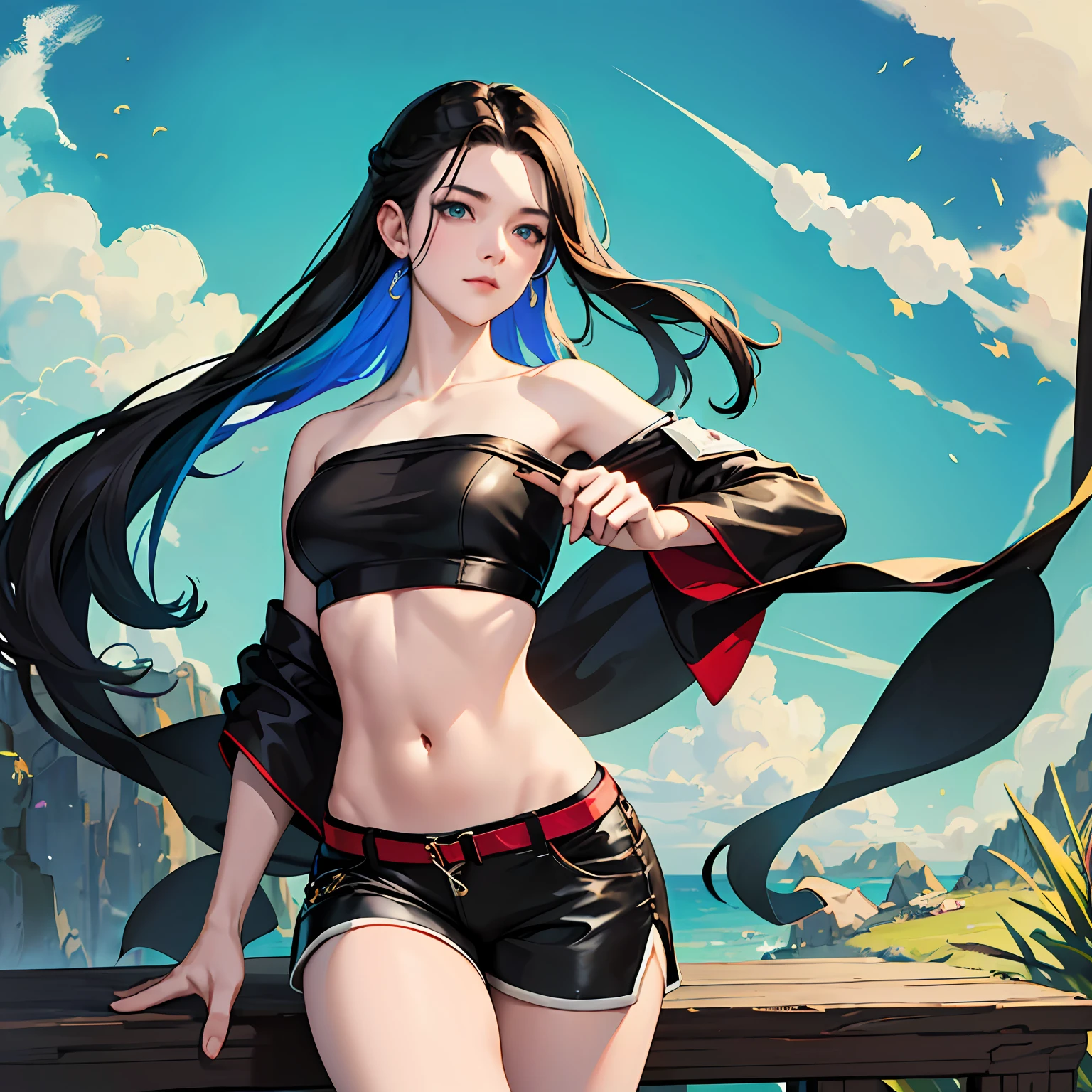 masterpiece, best quality, 1girl, aqua eyes, black hair, closed mouth, multicolored background, looking at viewer, outdoors, solo, upper body, alluring, clean, beautiful face, pure face, pale skin, sexy pose,((tube top, off shoulder, navel, shorts)), long hair, ((perfect female figure)), mature female, milf, narrow waist, chinese deity, seductive, highly detailed,best quality, masterpiece, highres, original, extremely detailed 8K wallpaper,masterpiece, best quality, illustration, beautifully detailed eyes, cinematic lighting, --auto