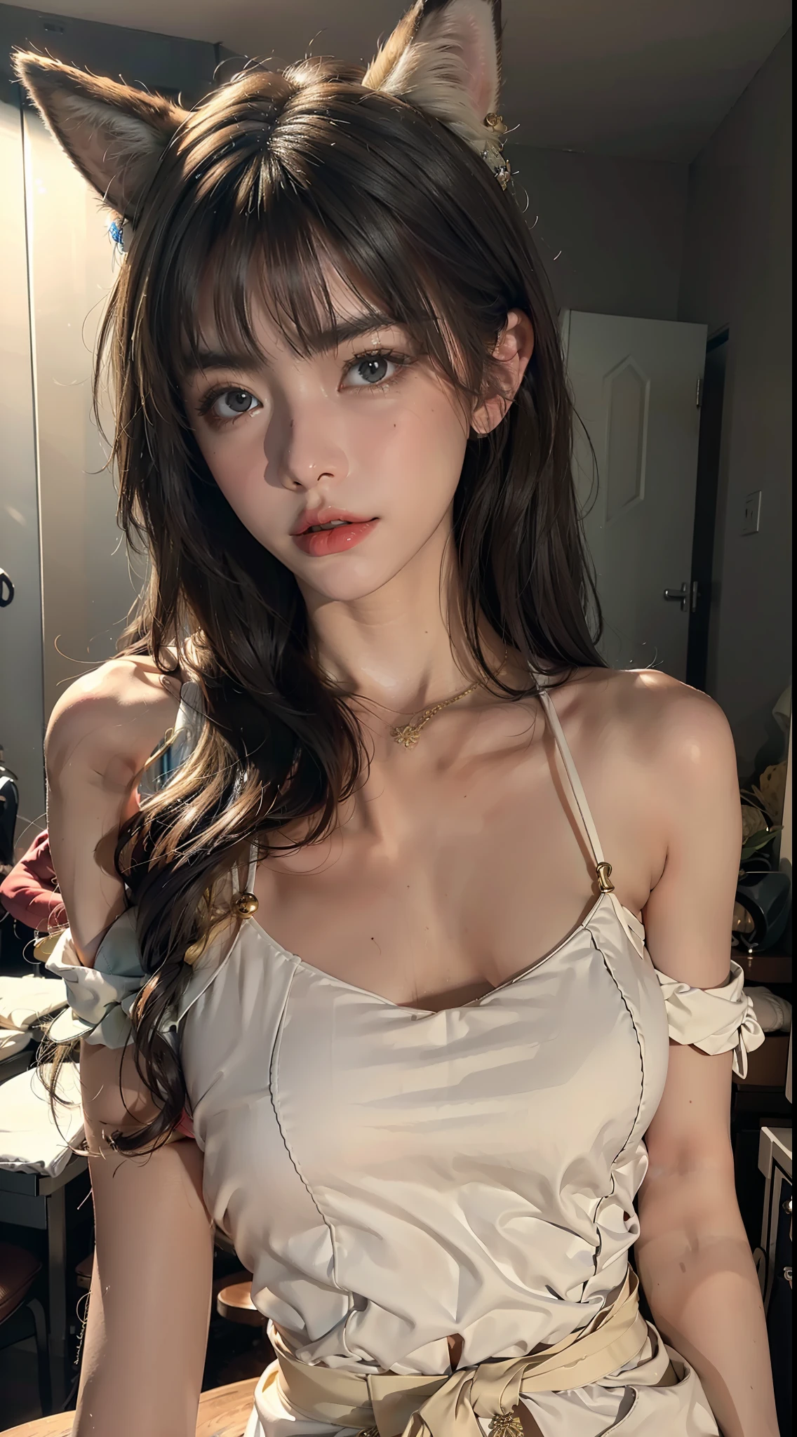 (Hyper Real), (illustratio), (A high resolution), (8K), (The is very detailed), (Most Best Illustration), (美丽细致的眼睛), (best qualtiy), (Super detail), (tmasterpiece), (Desktop wallpapers), (Detailed face),zentangle,(abstract backgrounds:1.5)(1girll:1.3),Bigchest,fox ear,long white hair,long whitr hair,mistic,Kamimei