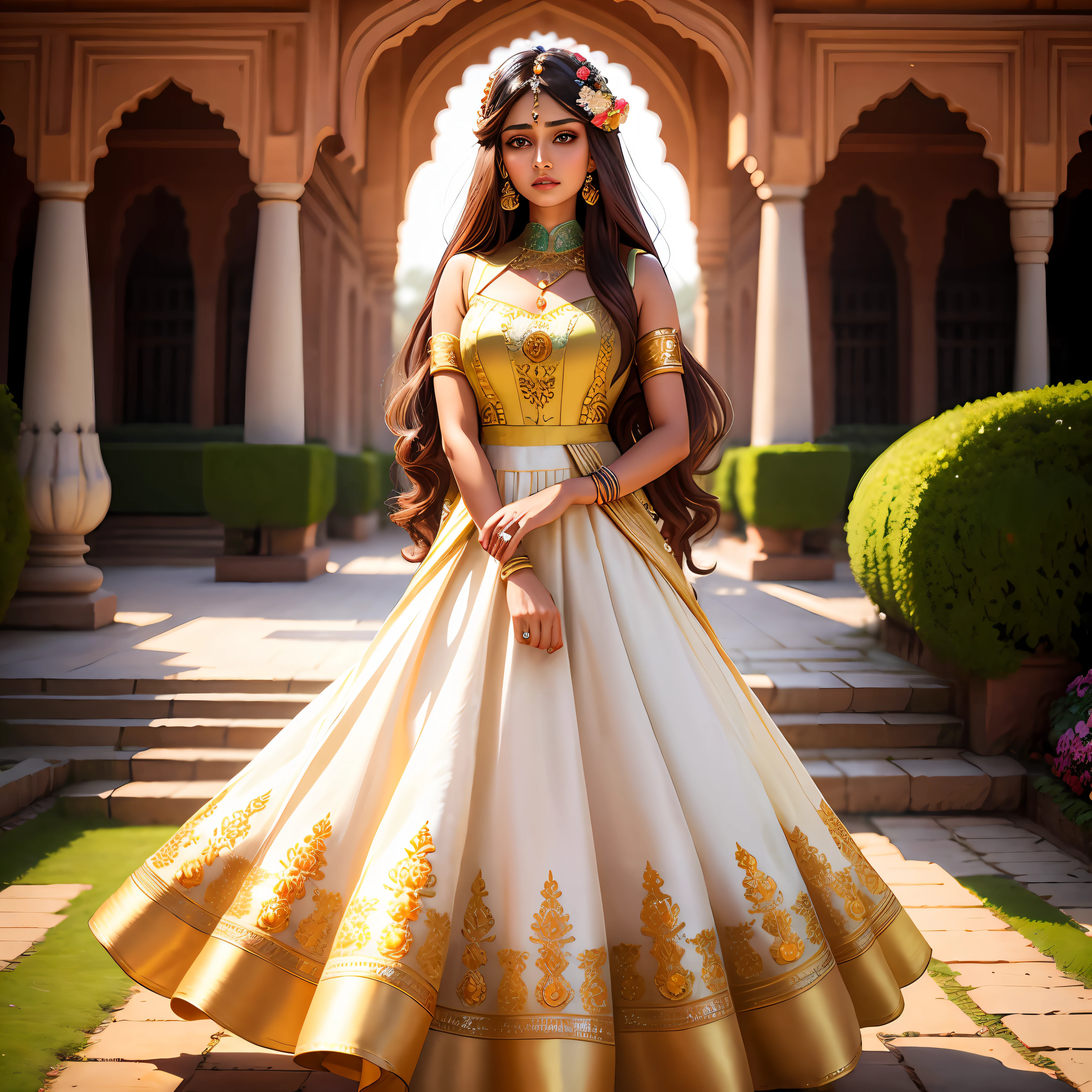 ultrarealistic, indian lengha, long dress, beautiful, flowers hair, brown hair, dramatic, beautiful gardens, 8k, sad, pretty, castle, Rajasthan, flower dress, modern fashion