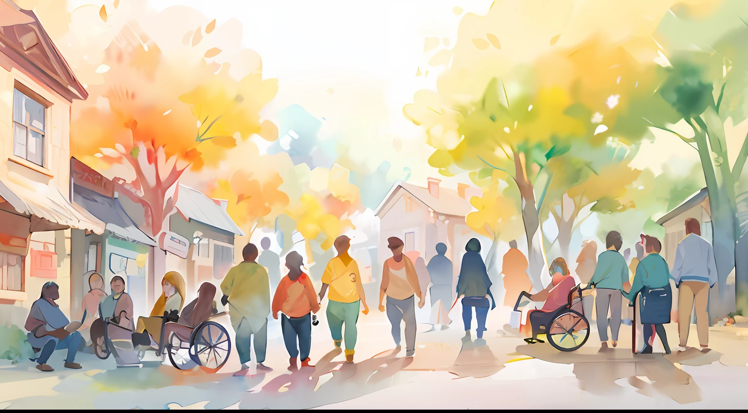 A painting of a group of people walking down the street with wheelchairs, Watercolor illustration style, Colorful illustration, people walking, people walking on the street, a watercolor painting, WaterColor style, Watercolor painting style, colorful watercolor painting, Colorful scene, watercolor colored painting, people outside walk, colorful illustrations, blurry and dreamy illustration, watercolor digital painting, illustration!, walking together