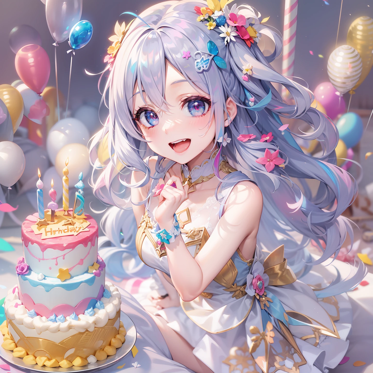 女の子1人、full body Esbian、rainbow hair, hair between eye, tiarra、diamond-shaped pupils, makeup, smiley, anime styled, Iridescent dresses、F/1.8, From above, god statue、masutepiece, Best Quality、birthday celebration、Birthday Cake