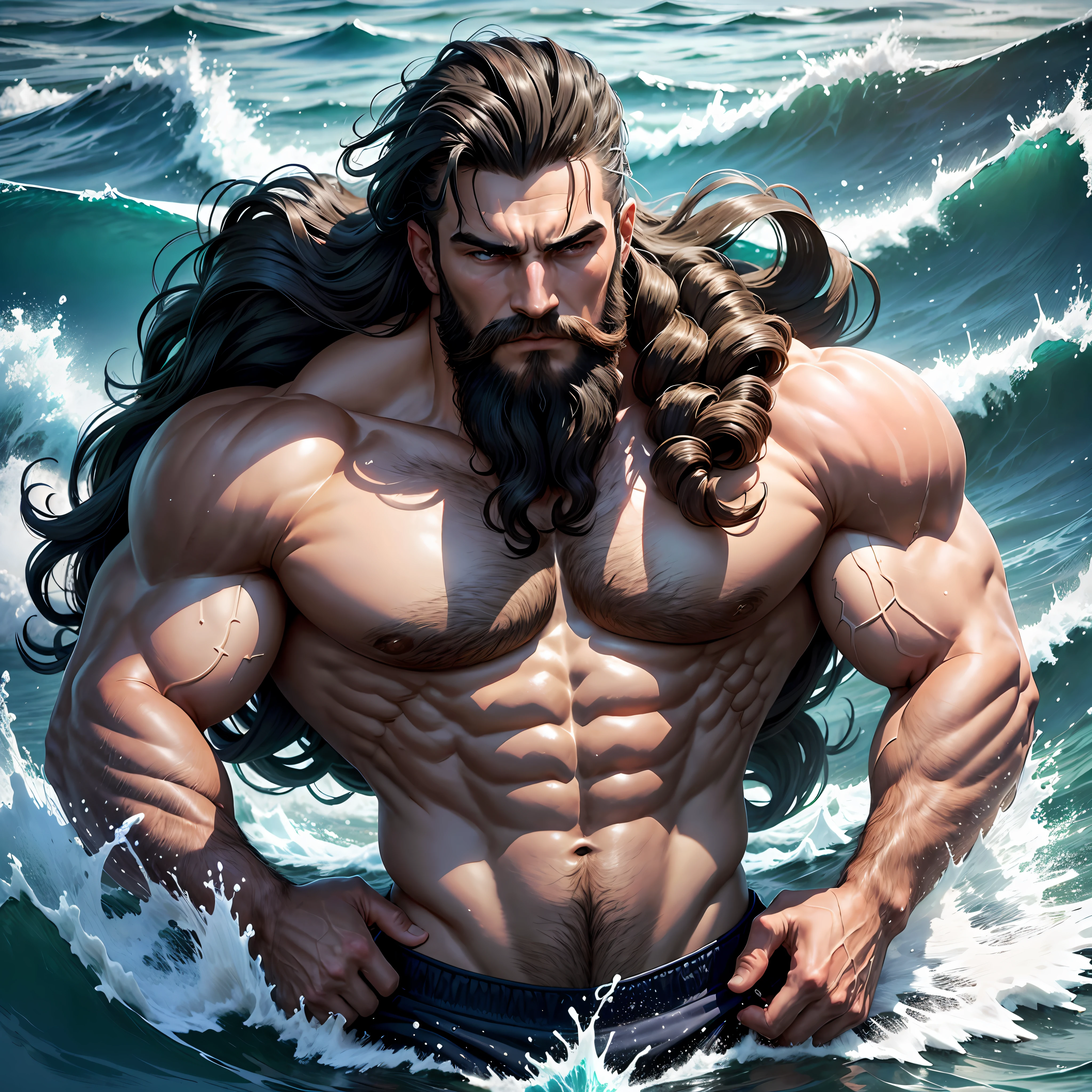 poseidon el poderoso dios del mar, fuerte, musculoso, perfecto, con barba, ((tridente de piseidon en sus manos)) tenedor dorado con 5 puntasas afiladas, horqueta hiper realista brillante, como simbolo de poder --auto