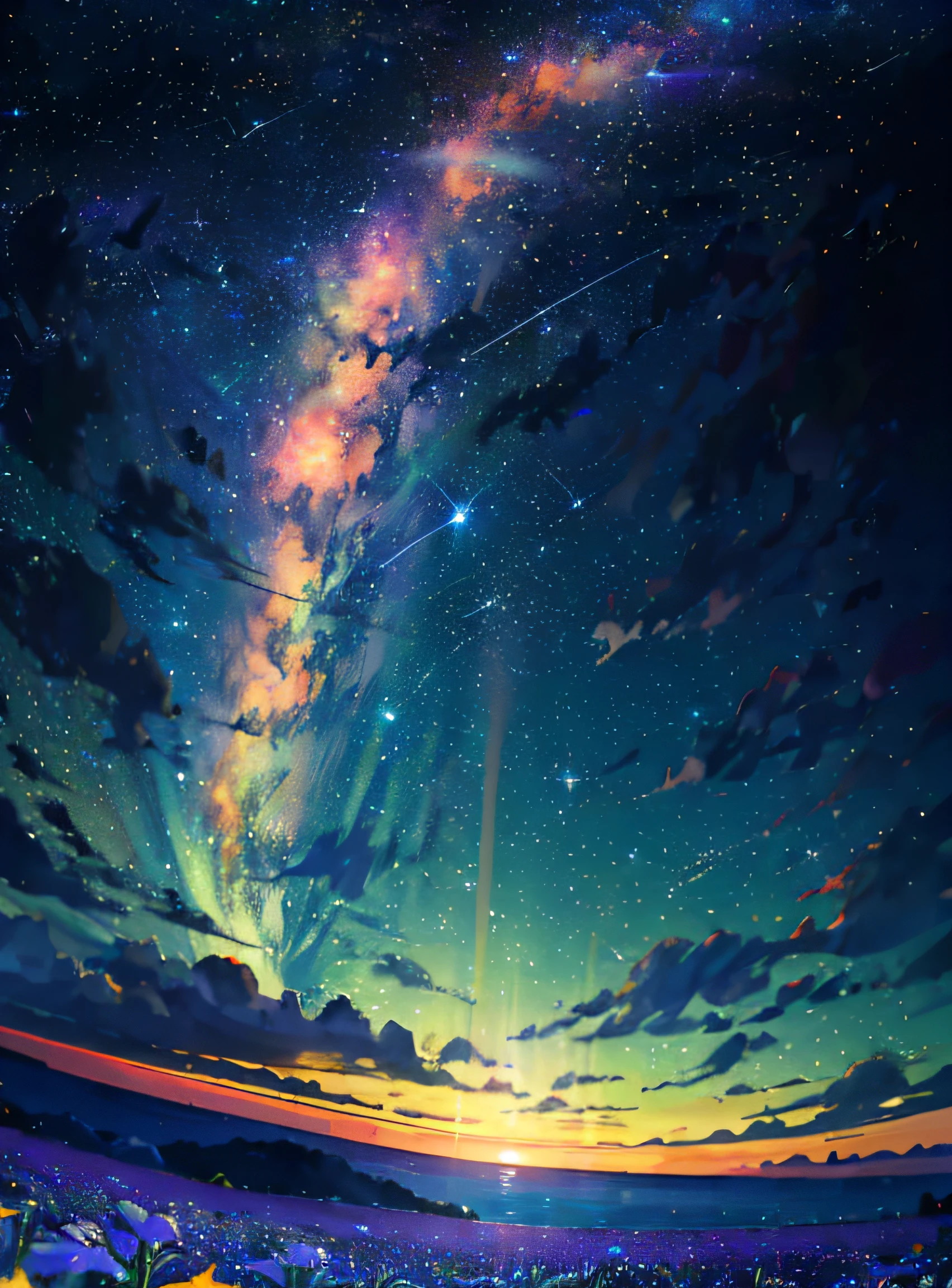 (zoomed out:1.1), (meteor shower:1.2), (comet:1.1), low angle, aroura borealis, shooting star, best quality, masterpiece, cloud, colorful, starry, stars, night, flower field, flower blossom, night sky, beautiful flowers, night theme,