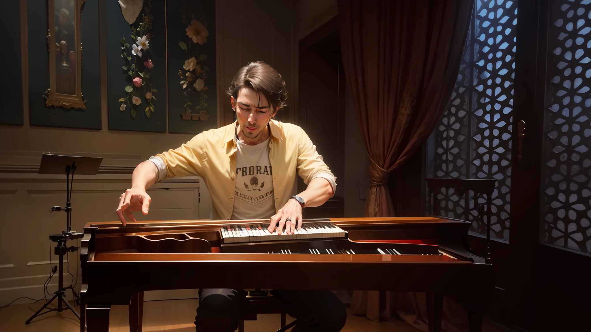 A man with a clear face strokes the piano