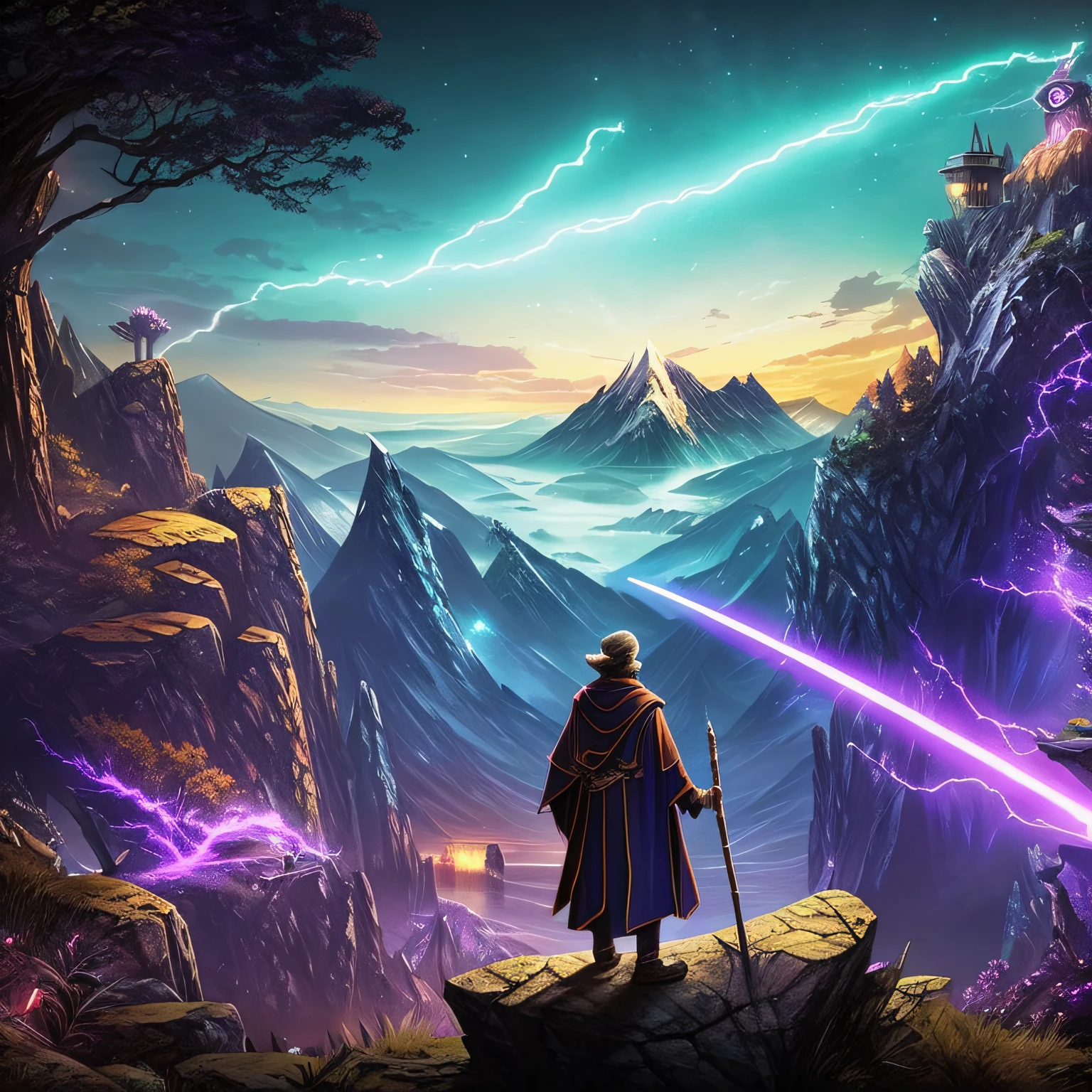 The old man with the wand wears a cloak，The wand is like a long stick，The wand glows purple, Long beard, Mysterious background on the mountain，The viewing angle is farther，climbing mountain，Side Body