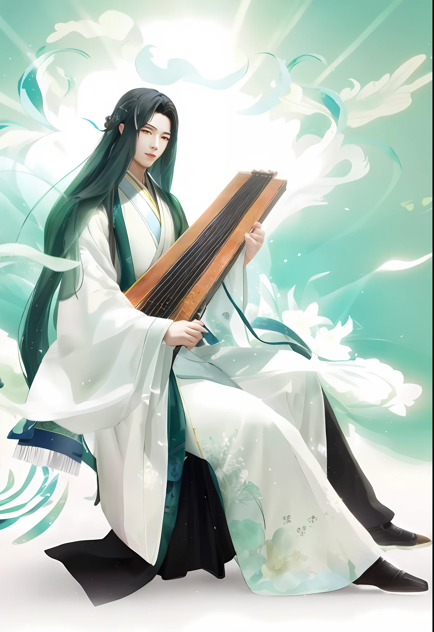 Handsome Chinese teenager，年轻，The god of music，Hanfu，There is a small red auspicious symbol on the forehead，ssmile，highly accurate，Delicate facial features