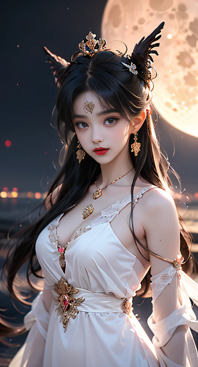 1 adult empress wearing a red lace top, deep-breasted nightgown, Chinese-style clothes, ancient costumes with many phoenix patterns, flawless pink and white face, crowned head, hip-length black hair , very beautiful and sharp brown eyes, small red lips, painted lips, closed mouth, jewelry worn around the neck, earrings, white and even teeth, high nose, big round breasts, the girl's body is covered with water on chest, long legs, thin mesh black socks, portrait, most realistic, highest quality, best pixels, 8k ultra , (clear super big moon background: 1.8)