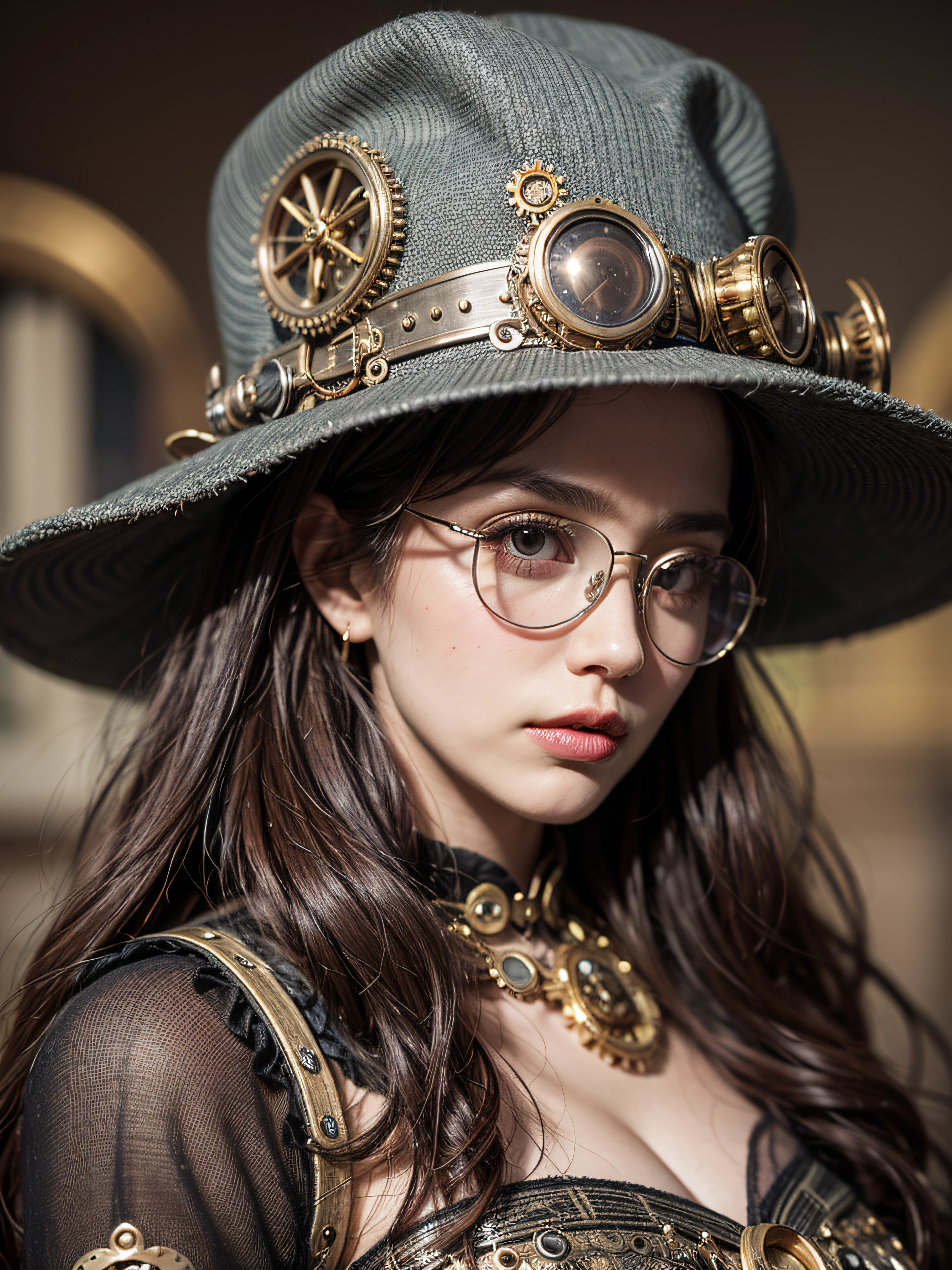 (steampunk),close up, 1girl, lady in the hat and round steel gear, sunglasses, victorian dress, deep_cleavage, shiny skin, ((steampunk)), cinematography, crafted, elegant, meticulous, magnificent, maximum details, extremely hyper aesthetic, intricately detailed, Hippie Glasses Retro Round Metal