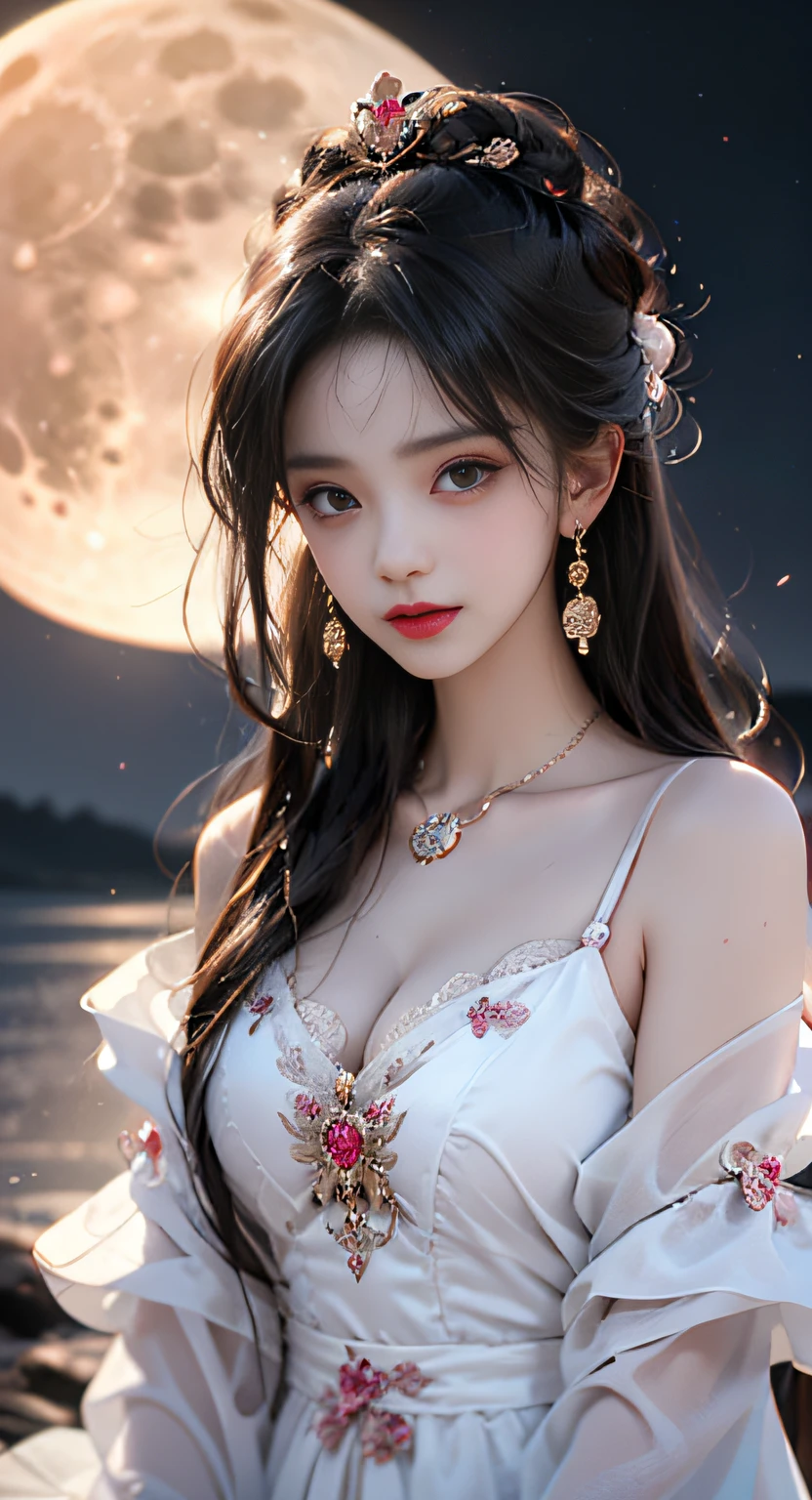 1 adult empress wearing a red lace top, deep-breasted nightgown, Chinese-style clothes, ancient costumes with many phoenix patterns, flawless pink and white face, crowned head, hip-length black hair , very beautiful and sharp brown eyes, small red lips, painted lips, closed mouth, jewelry worn around the neck, earrings, white and even teeth, high nose, big round breasts, the girl's body is covered with water on chest, long legs, thin mesh black socks, portrait, most realistic, highest quality, best pixels, 8k ultra , (clear super big moon background: 1.8)
