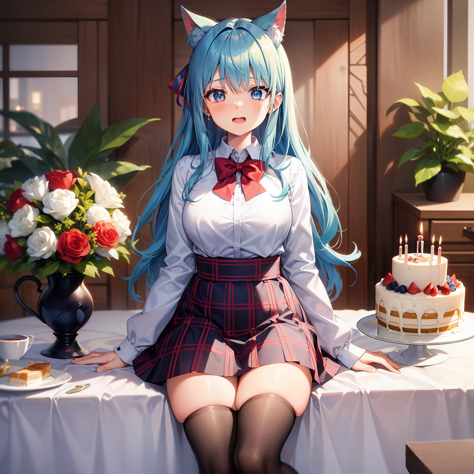 Aoi_Fukayuki、1 girl in、anime styled、full body Esbian、(blue hairs)、shorth hair、Shy laughter、red tide、blue eyess、blazers、、(Plain white shirt)、(red bowtie)、(Red checked skirt)、(Black stockings)、Absolute area、hightquality、best qualtiy、emphasizing thighs、to stand、Birthday Cake、chandelle、ignite、birthday celebration
