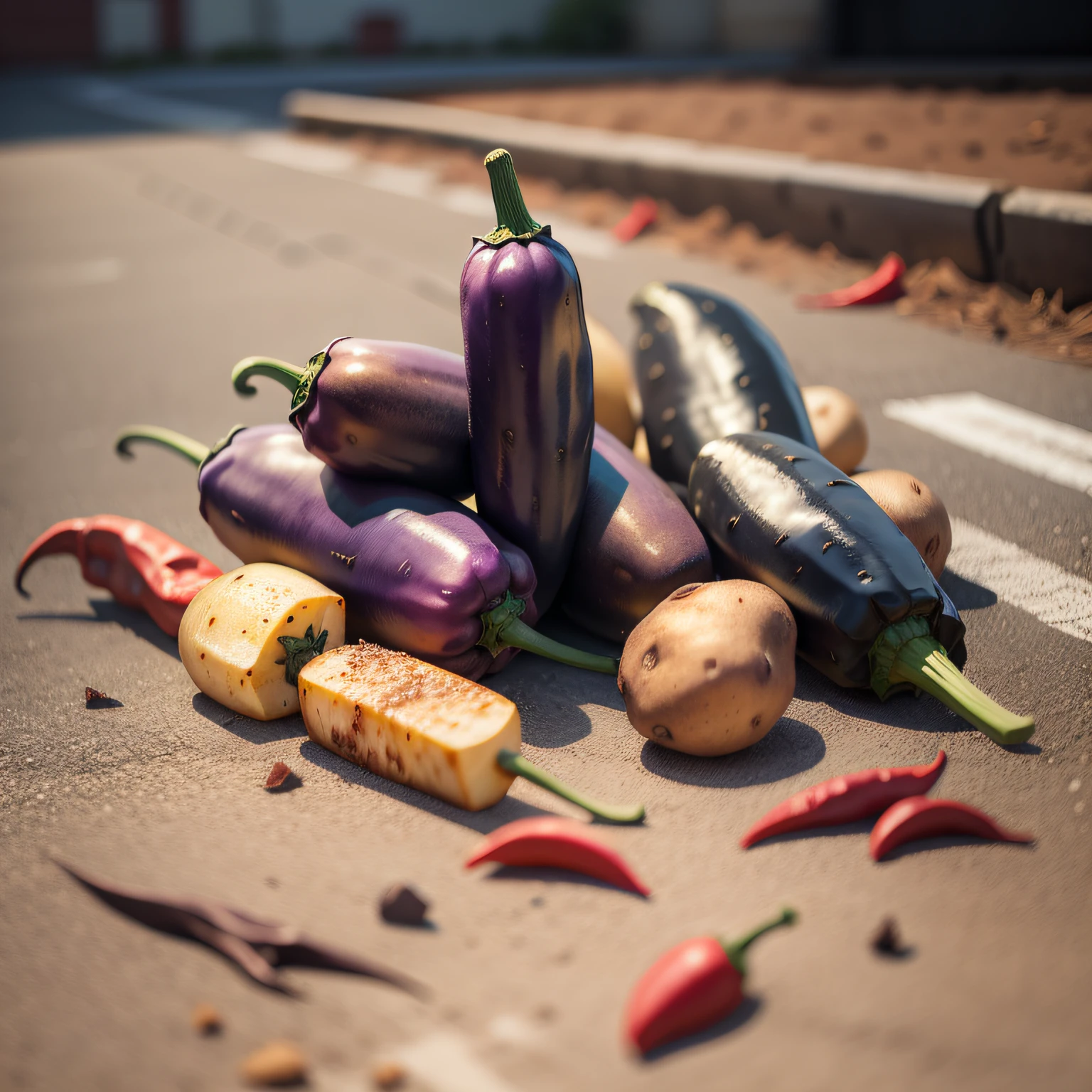 Aubergine,potatoes,chili pepper,Placed on the ground, --auto