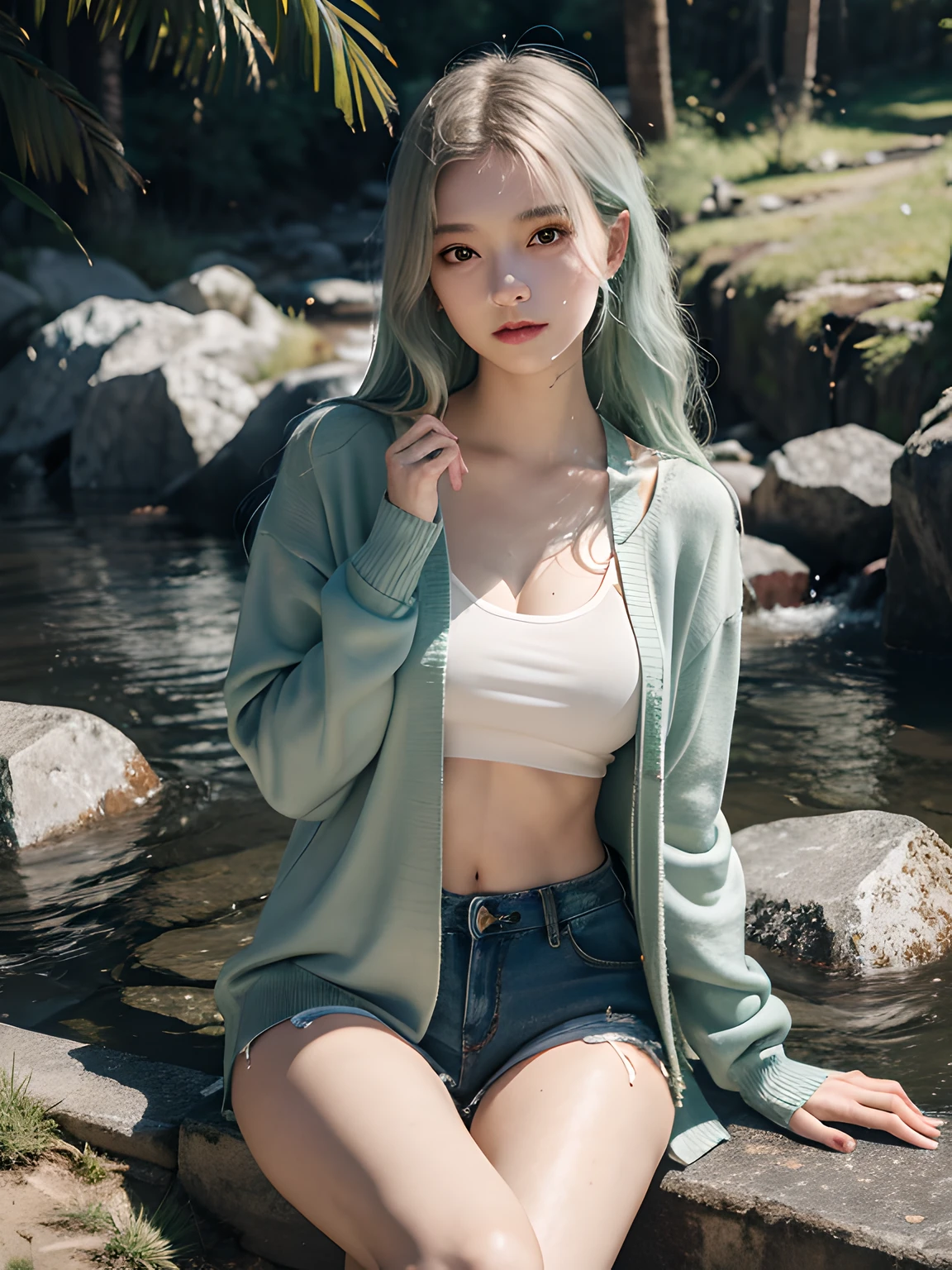 best qualtiy,tmasterpiece,超高分辨率,(realisticlying:1.4),RAW photogr,23-year-old girl,Long pale green hair,messy hair,watered eyes,Long-sleeved cardigan with colorful sweatshirt,middlebreast, denim short,Back hand,Bare legged,full bodyesbian,exposing your navel,By the creek,Realistic skin,pores,Natural light,(ssmile:1.5)