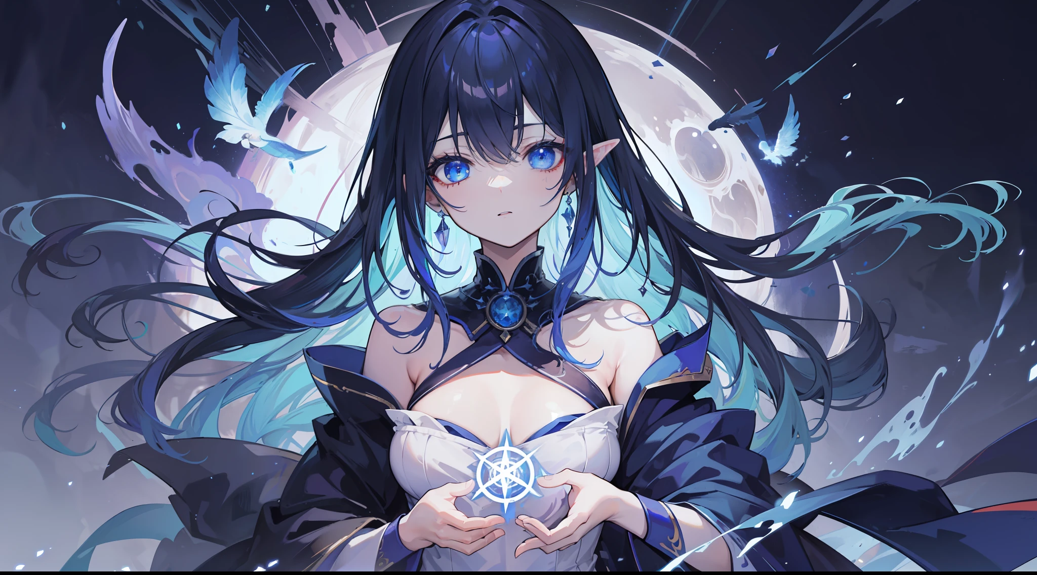 Death,Blood,Night, Dark, (Fantasy),infinite,deep blue sky,The abyss of knowledge,Cowledge,((masutepiece)), (((Best Quality))),((Beautiful fine eyes)),(Eye lashes)、The Monster、(女の子1人)、Blue-haired、The long-haired、abyss eyes、glowy skin、oils、small tits、(Bird body、pluma)、tattered cloth、Teenchi、elvish、Super delicate CG Unity 32k wallpaper、​masterpiece, ((ultra-detailliert)), ((illustratio)),colourfull,wall-paper,The energy,Unknown terror,Incomprehensible,Around the magic,Magical surroundings,magic wands,Boken,Flying pages,Know everything,Predict the future、Get to know the past、Infinite wisdom、blue flames、Warlock、magic circles、Pentagram、Spells、mantra、Singing magic