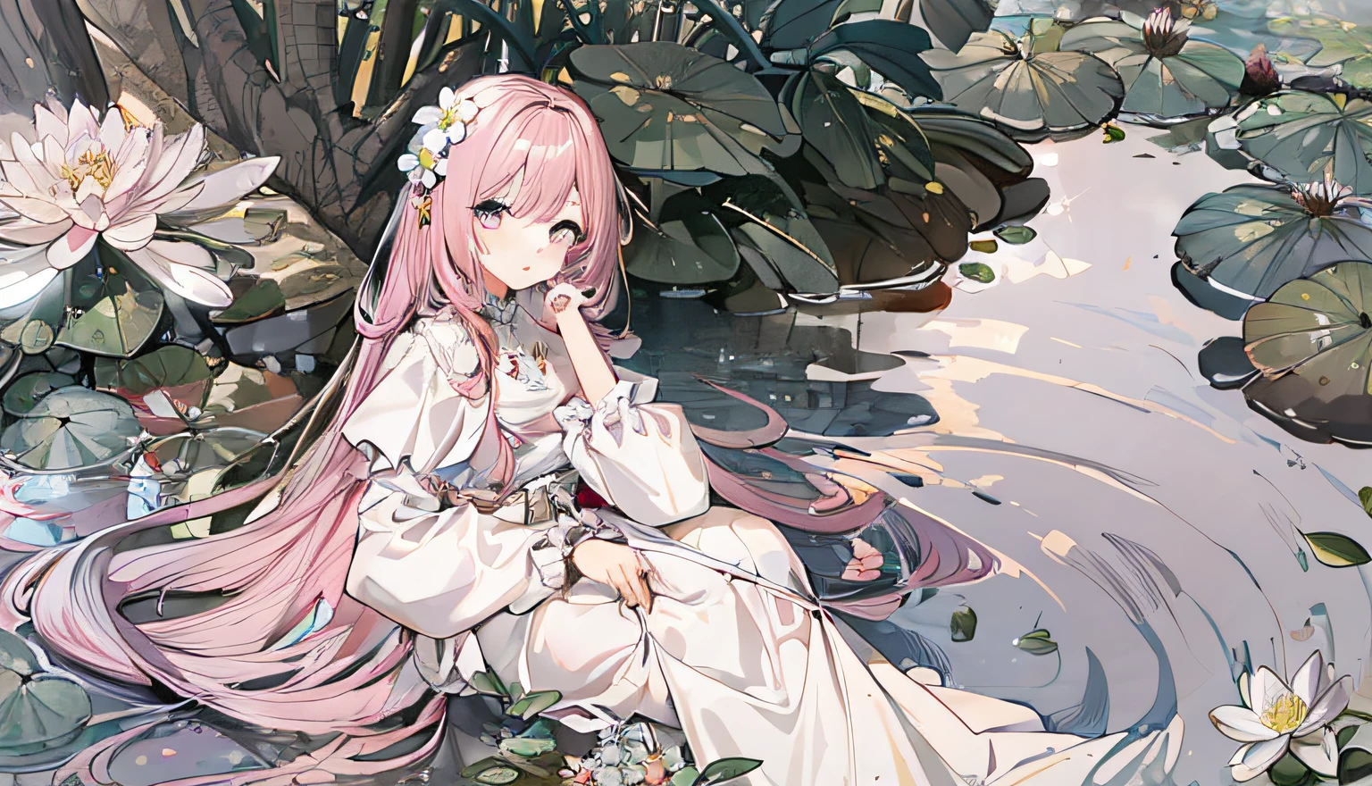 Anime girl sitting in pond,There were flowers and water lilies, ethereal anime, Anime girl with long hair, anime illustration, Anime fantasy illustration, dreamy psychedelic anime, beautiful fantasy anime, Beautiful anime art, beautiful anime art style, Beautiful anime artwork, clean and meticulous anime art, anime visual of a cute girl, cute anime waifu in a nice dress, Beautiful anime style