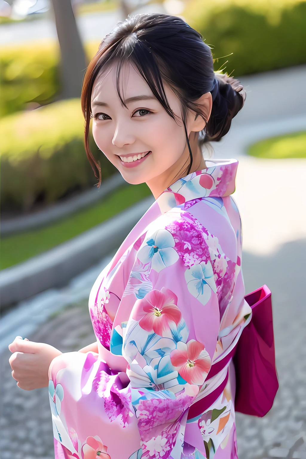 clothed、(Photo Real:1.4)、(hyper realisitic:1.4)、(realisitic:1.3)、 (Smoother lighting:1.05)、(Improved lighting quality in movies:0.9)、32K、kimono:1.4、 1girl in、20 years girl、Realistic lighting、back lighting、Facial light、raytrace、(Brightening light:1.2)、(Increase quality:1.4)、 (Top quality real texture skins:1.4)、finely eye、finerly detailed face、Fine quality eye、 (a smile)、(Mood up the body line:1.1)、(Improve skin texture:1.1)、without background、Pink kimono、Japanese dress