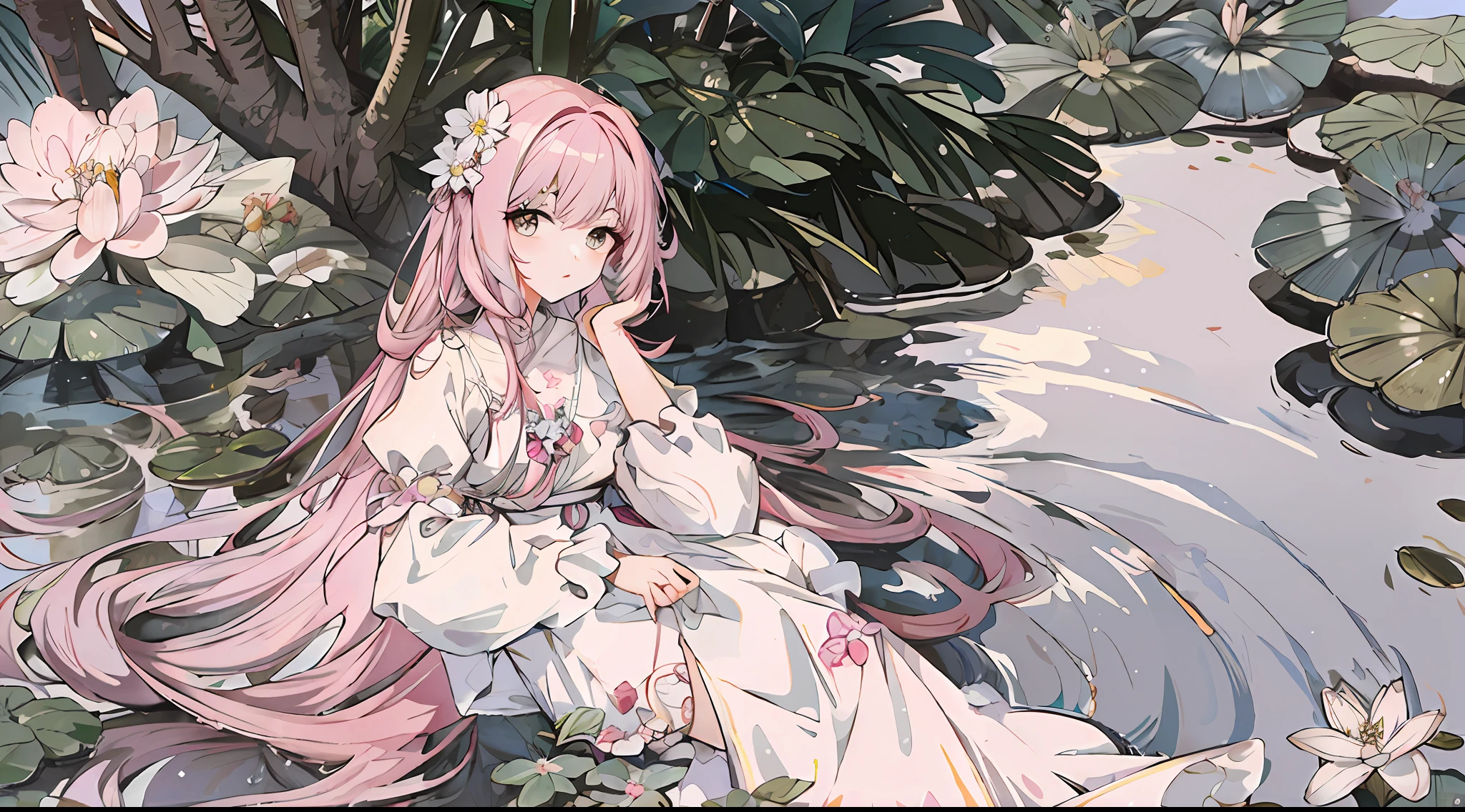 Anime girl sitting in pond，There were flowers and water lilies, ethereal anime, Anime girl with long hair, anime illustration, Anime fantasy illustration, dreamy psychedelic anime, beautiful fantasy anime, Beautiful anime art, Beautiful anime artwork, beautiful anime art style, clean and meticulous anime art, anime visual of a cute girl, cute anime waifu in a nice dress, Beautiful anime style