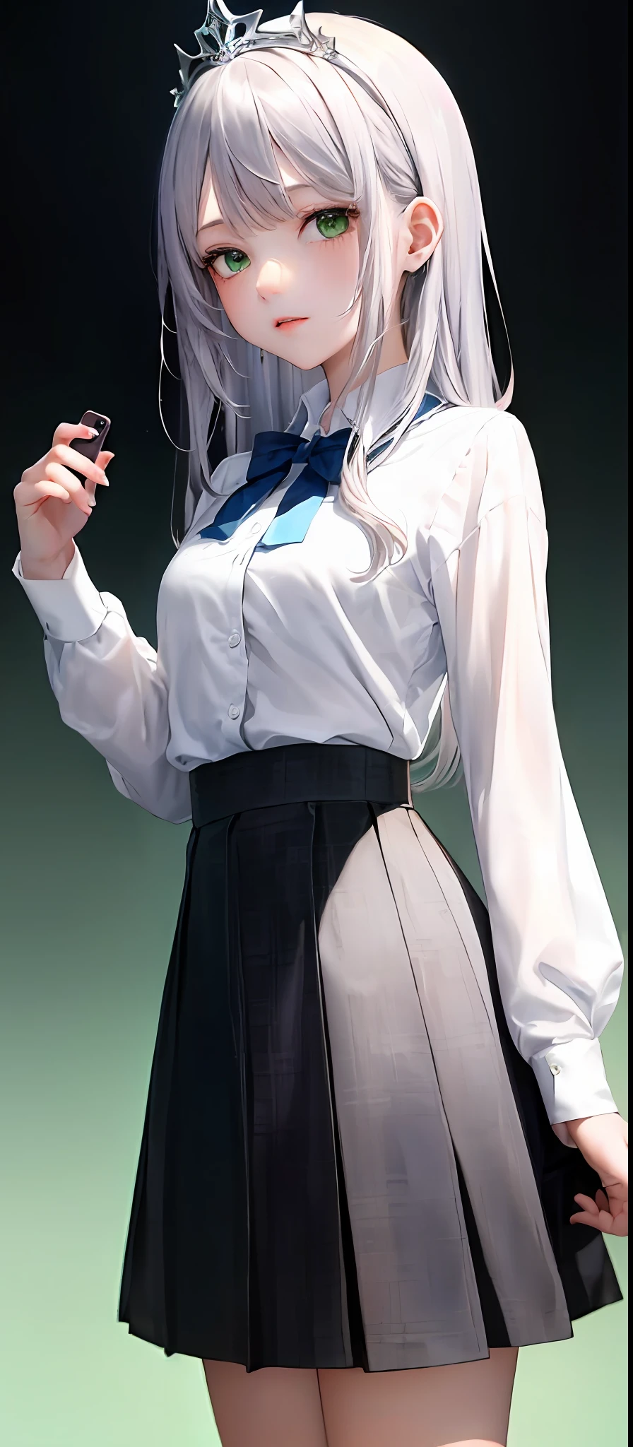 1girll, (Masterpiece:1.1), (Best quality:1.1), (White blouse:1.1), (checkered skirt:1.1), school uniform, high waisted skirt, Break [Blue:Pink:0.5] Theme, (Gradient background:1.1), Cowboy shot, Break Silver Hair, Long hair, , Green eyes, intricate detailed tiara, Looks to the side,