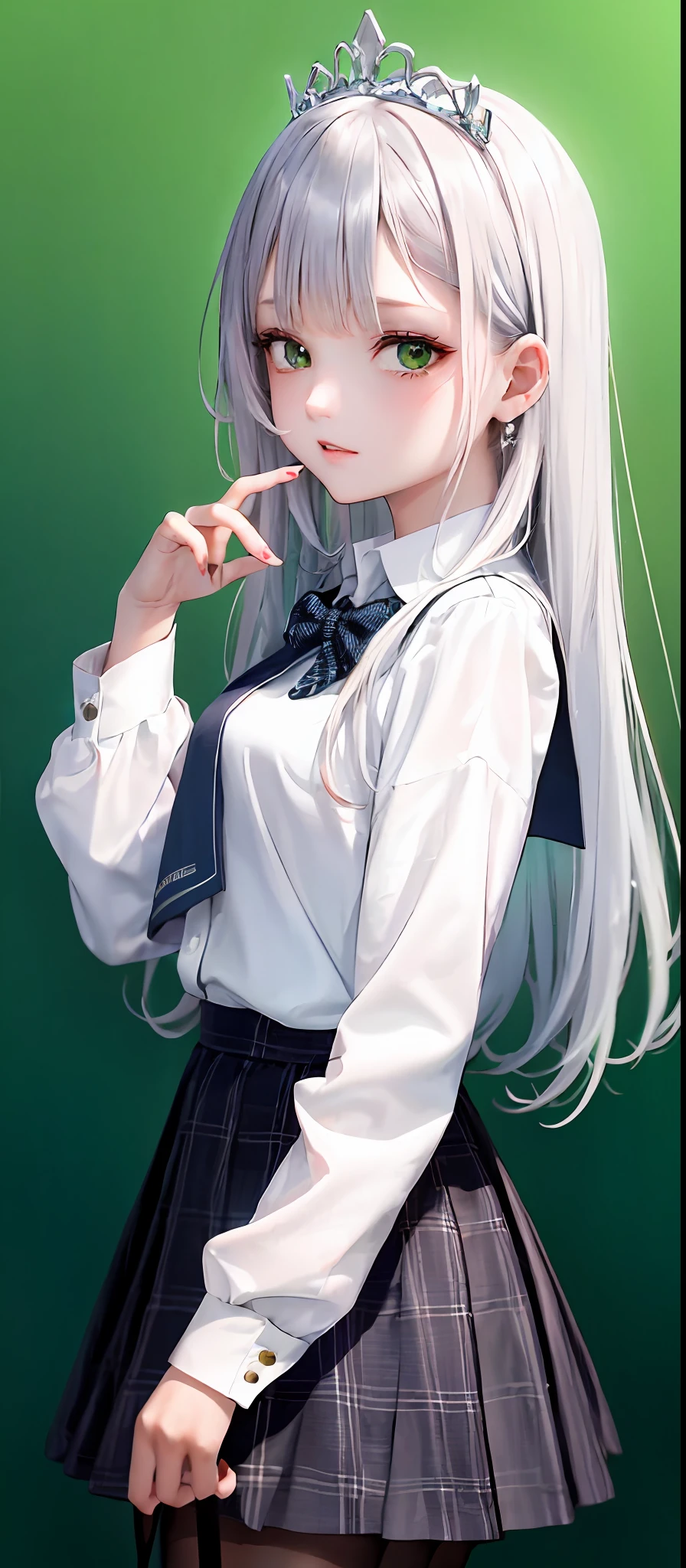 1girll, (Masterpiece:1.1), (Best quality:1.1), (White blouse:1.1), (checkered skirt:1.1), school uniform, high waisted skirt, Break [Blue:Pink:0.5] Theme, (Gradient background:1.1), Cowboy shot, Break Silver Hair, Long hair, , Green eyes, intricate detailed tiara, Looks to the side,