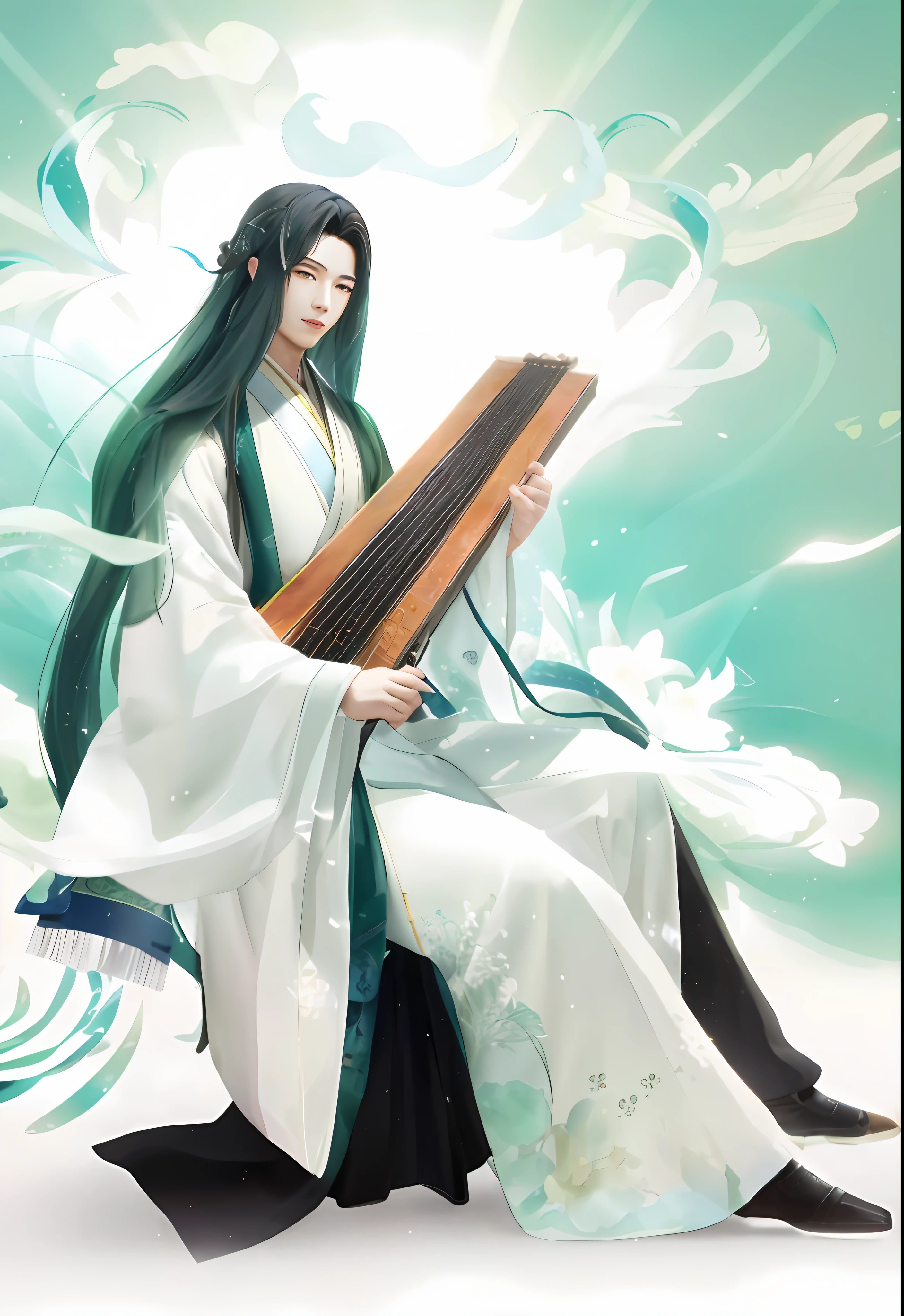 Handsome Chinese ager,年轻,The god of music,Hanfu,There is a small red auspicious symbol on the forehead,ssmile,highly accurate,Delicate facial features