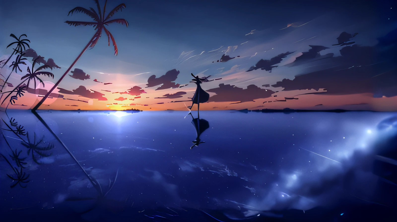 A man flies over the water, Anime girl walking on water, Makoto Shinkai Cyril Rolando, anime beautiful peace scene, watching the sunset. anime big breast, paradise in the background, anime backgrounds, Cosmos Sky. By Makoto Shinkai, beautiful anime scenes, ( ( Makoto Shinkai ) ), next to the reflecting ocean
